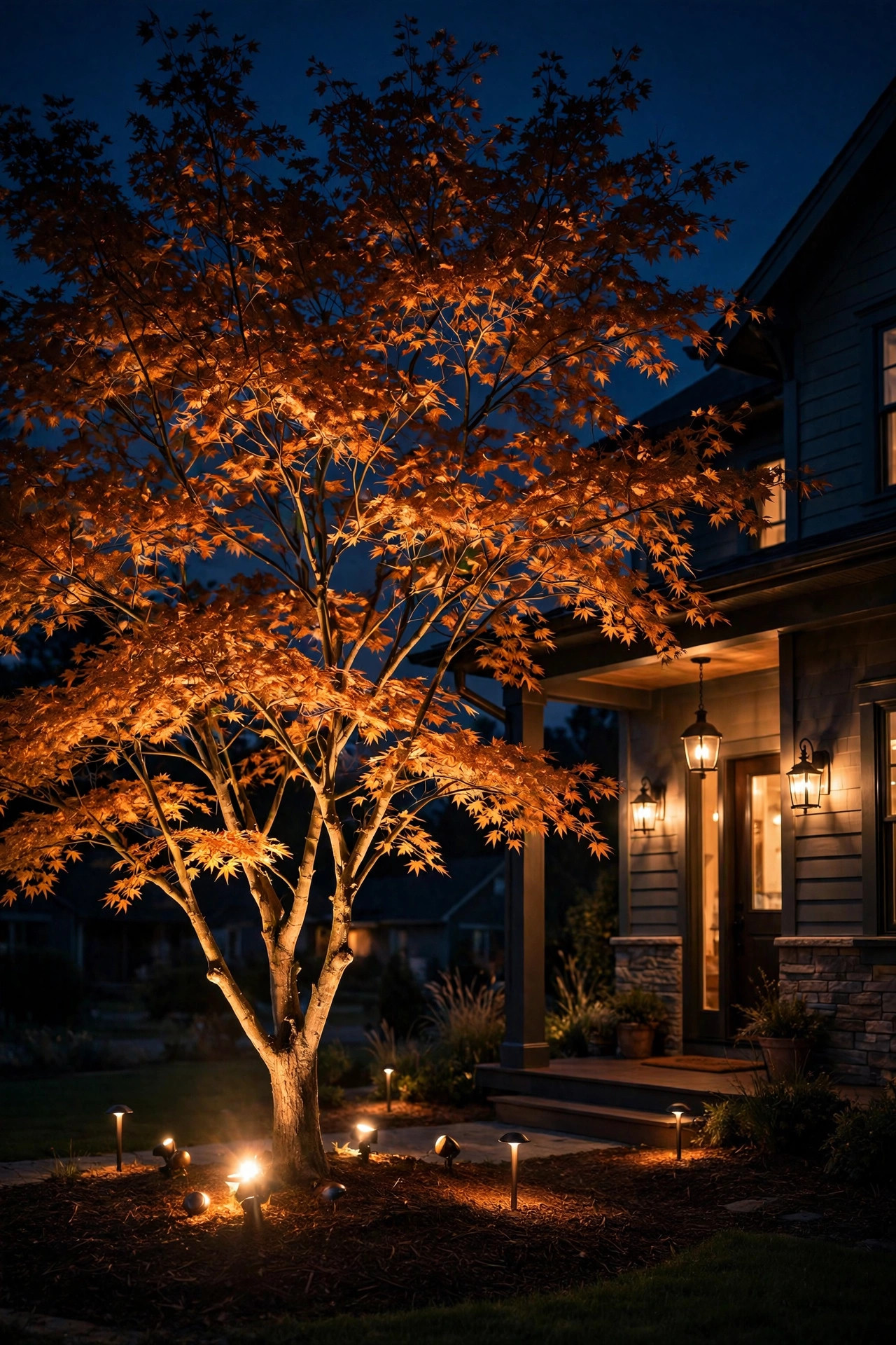 Spotlight uplighting a tree beside a front porch at night