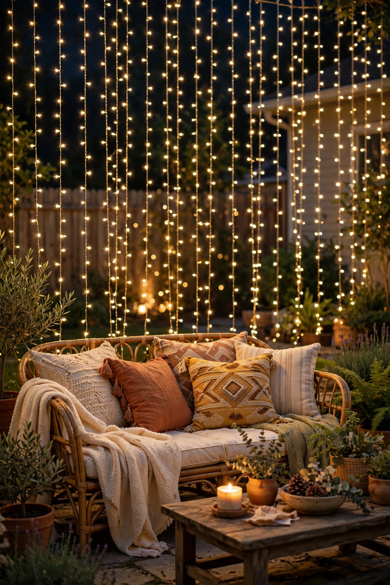 Curtain of warm fairy lights creating a glowing backdrop behind boho patio seating