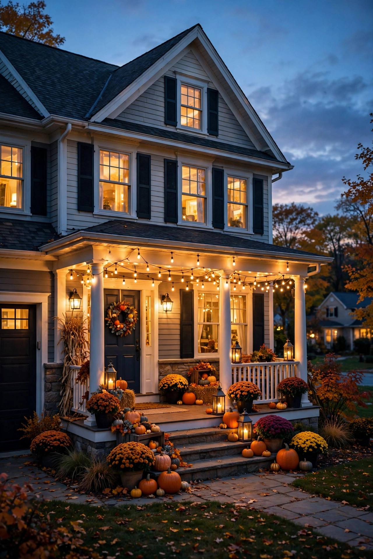 Fully lit fall porch at dusk with string lights, lanterns and glowing pumpkins