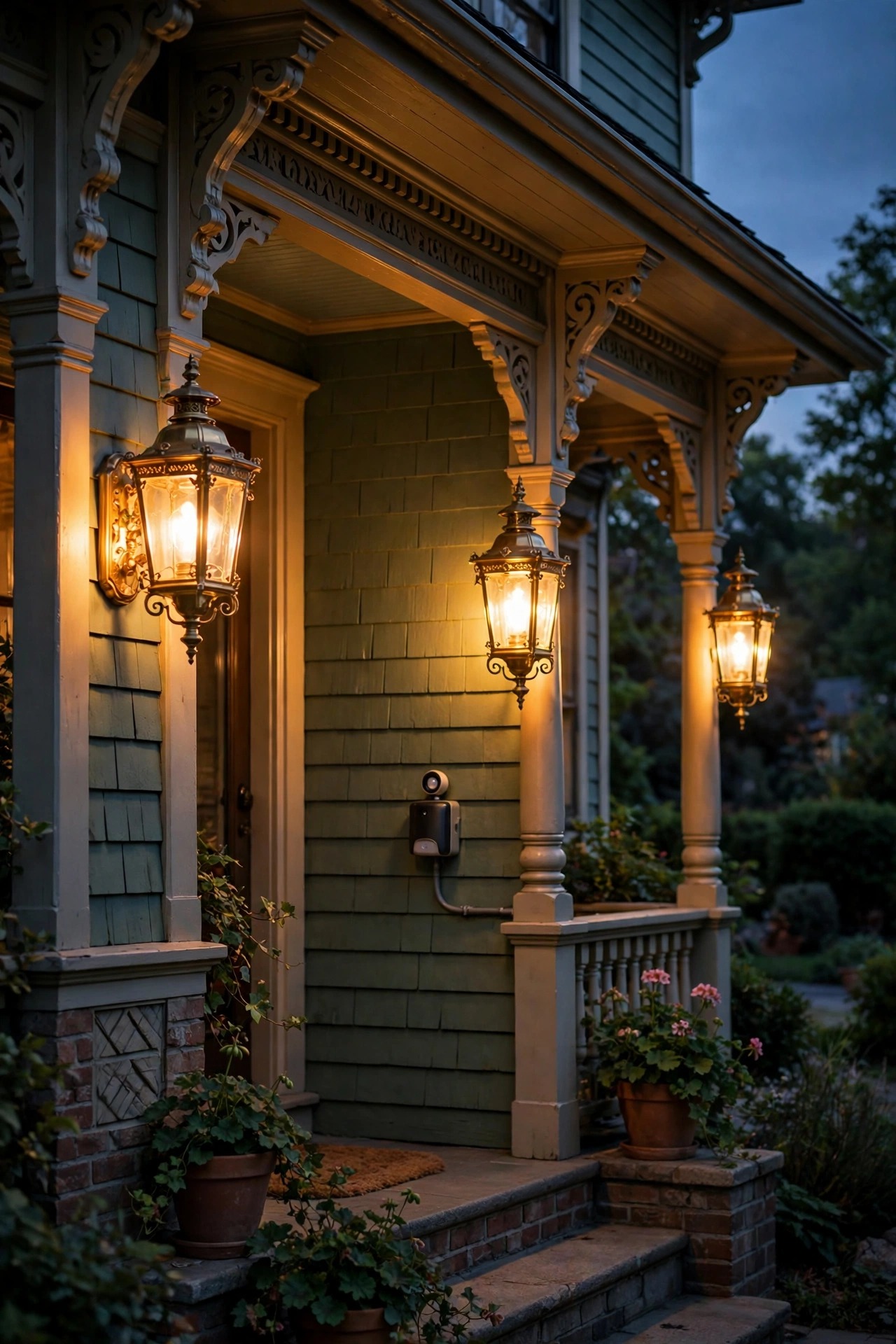 Victorian porch lanterns glowing at dusk on an automatic photocell timer