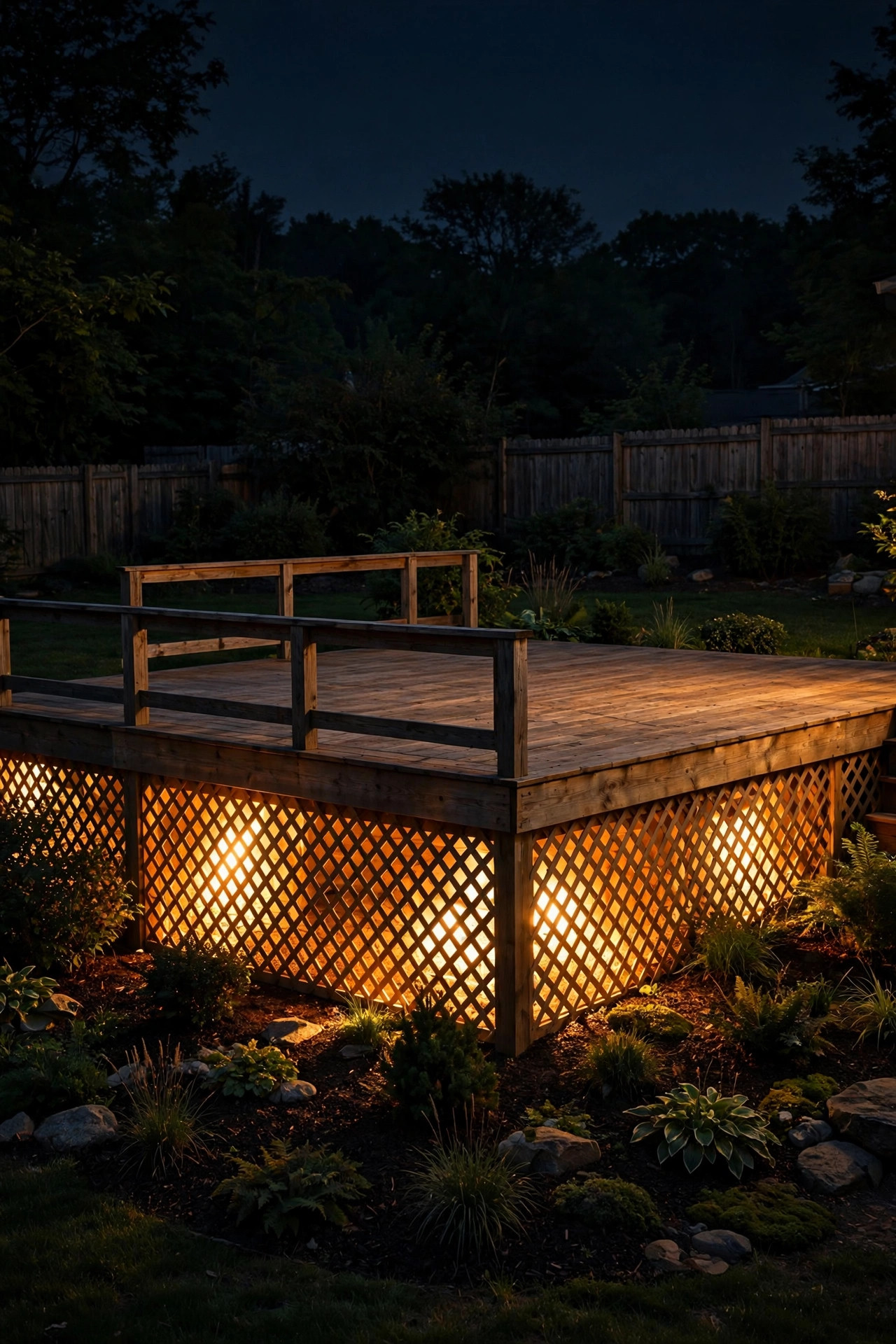 Raised wooden deck at night with warm uplights washing the lattice skirt underneath