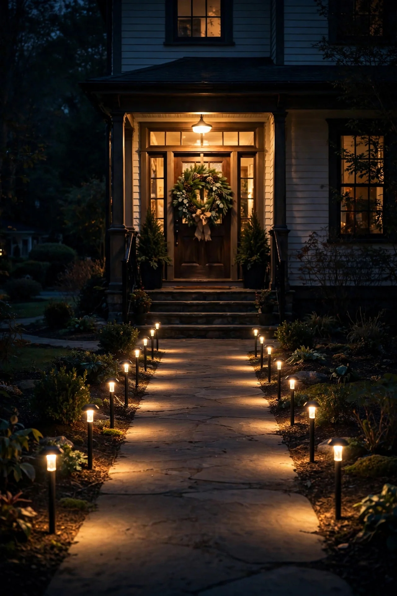 Front walkway lined on both edges with evenly spaced warm Christmas path lights at night
