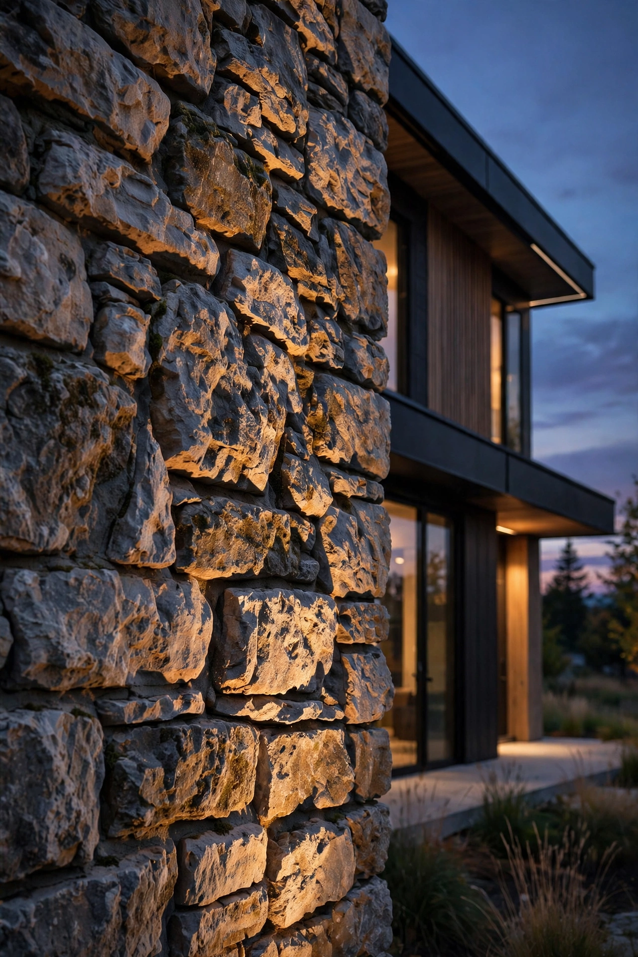 Grazing light revealing texture on a modern stone wall at night