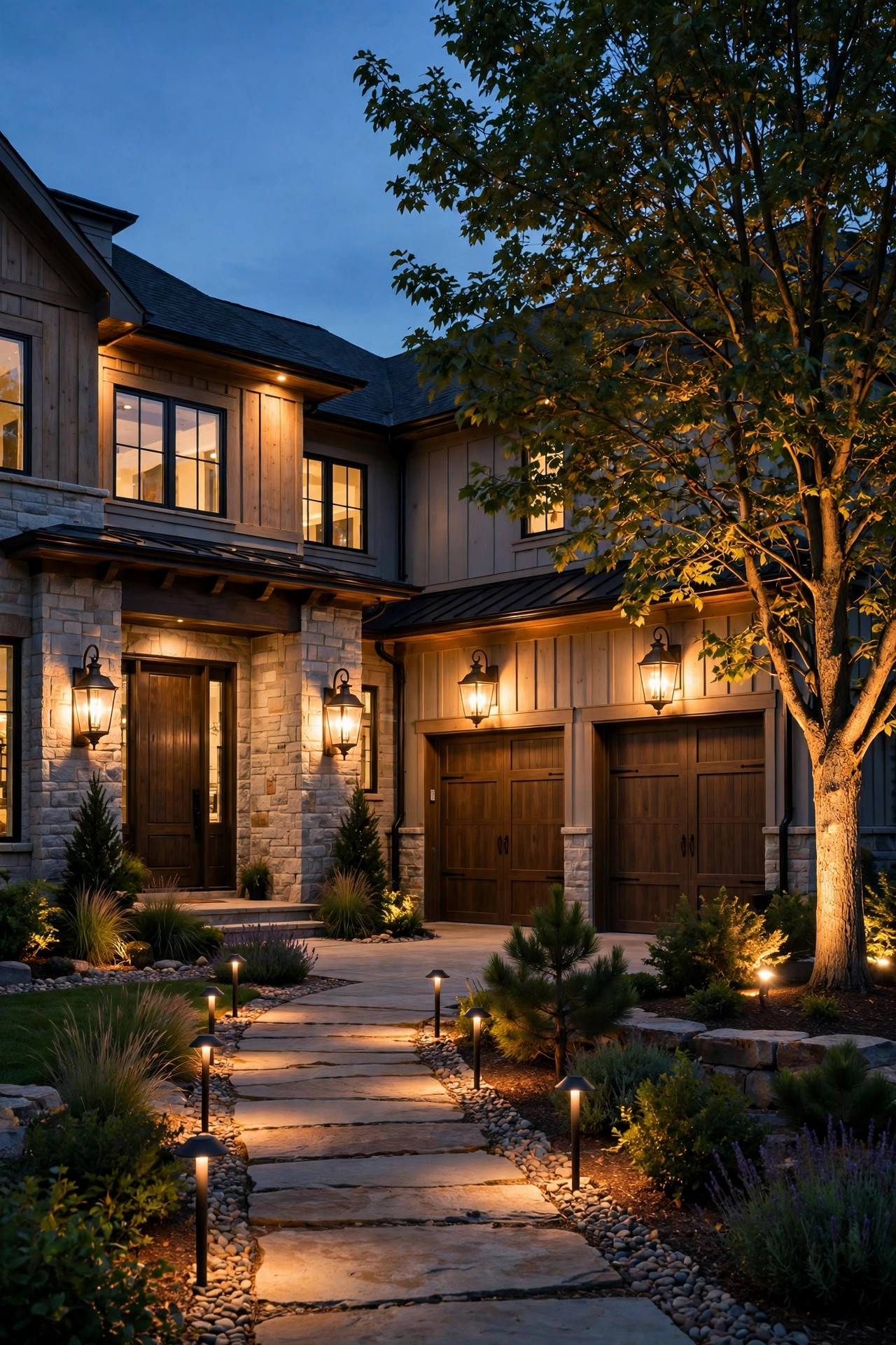 Large elegant home at dusk with a complete layered lighting plan, oversized sconces at the entry and garage, path lights, and a softly uplit tree