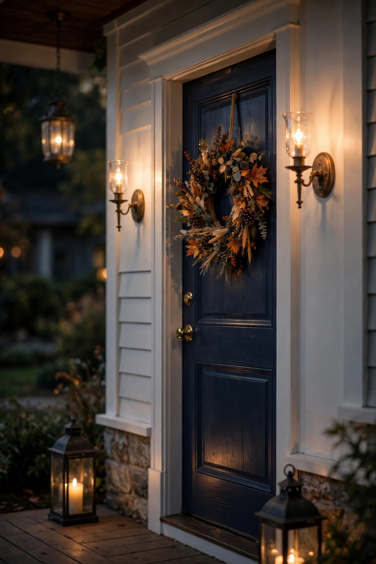 Candle-style wall sconces with flame-tip bulbs beside a front door at night
