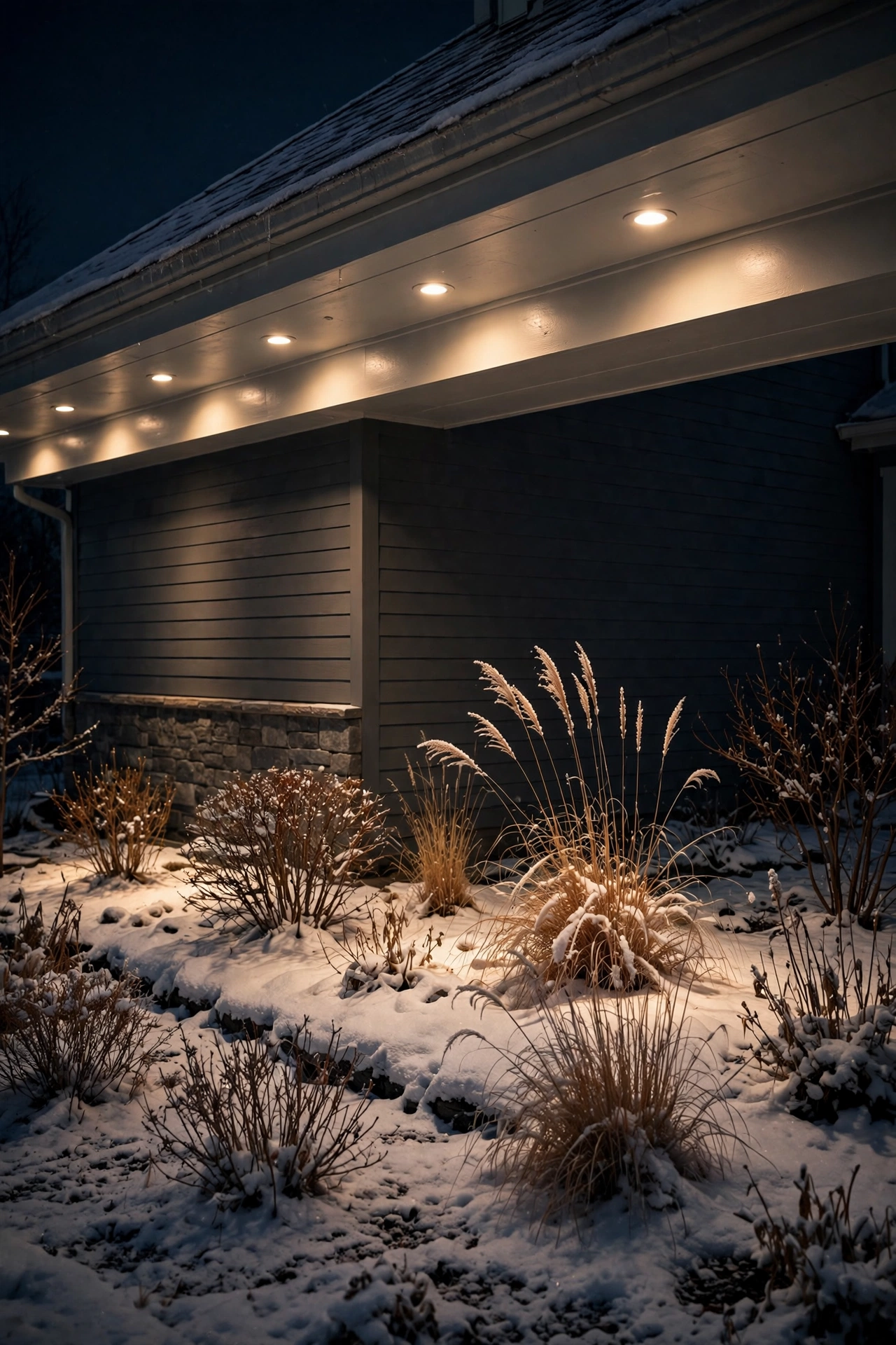 House eaves with downlights washing warm light over snowy foundation beds at night