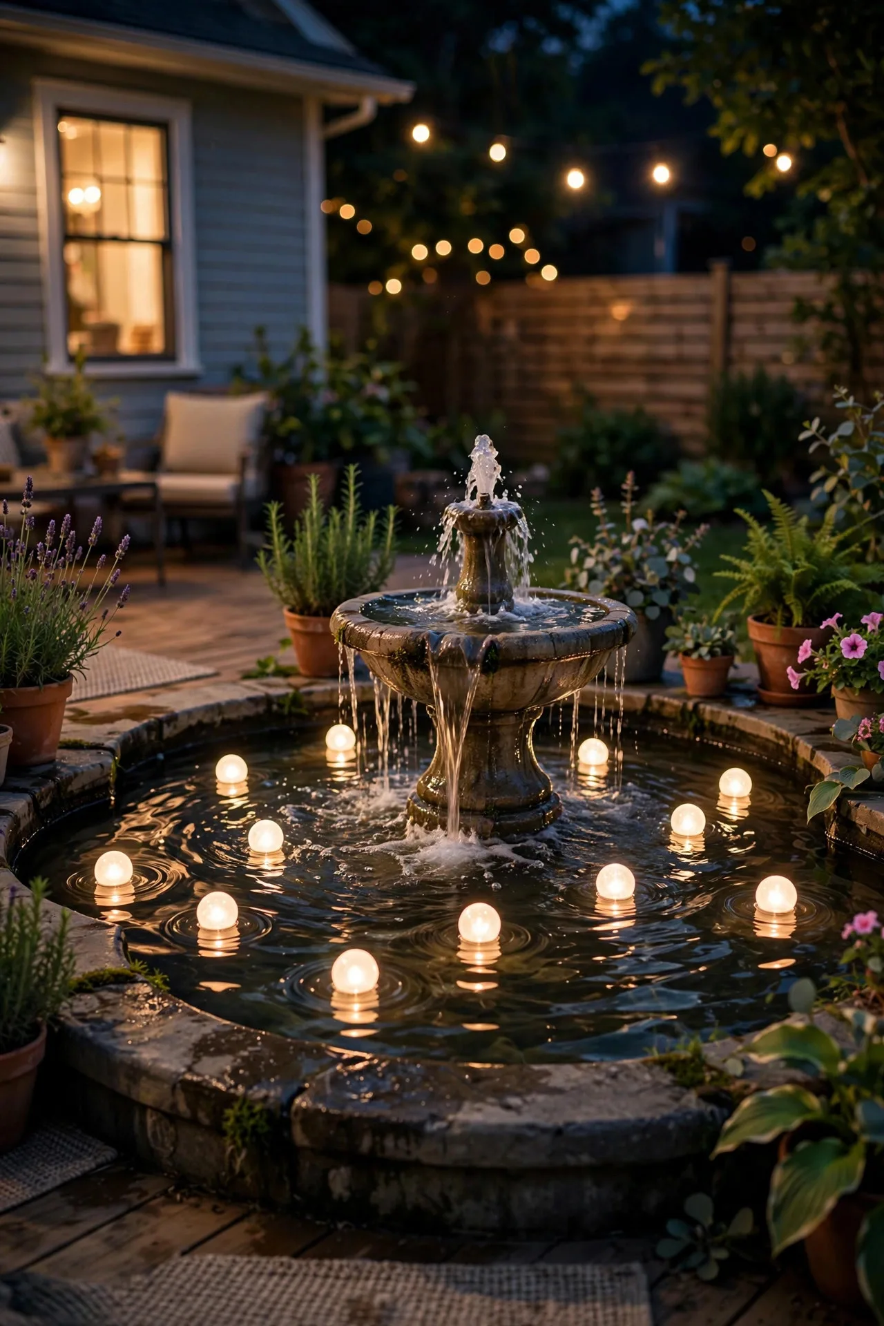 Floating LED orbs glowing in a water fountain on a summer patio at night