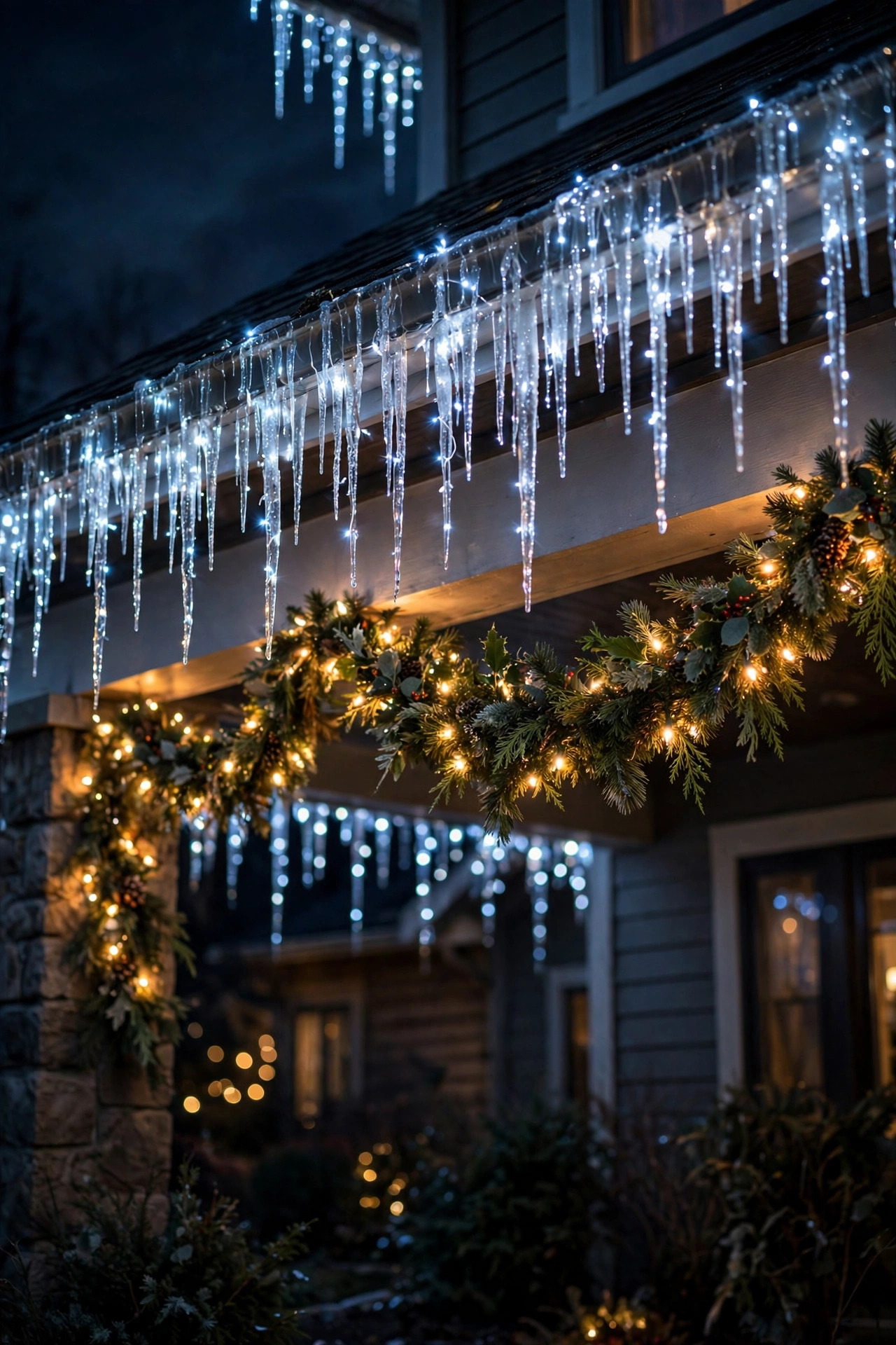 Pre-lit garland on a porch beam with icicle lights glowing on the roofline above at night