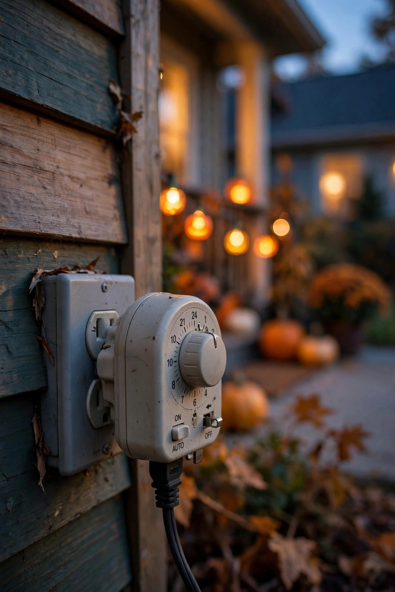 Outdoor light timer with softly glowing Halloween house lights fading gently at dusk