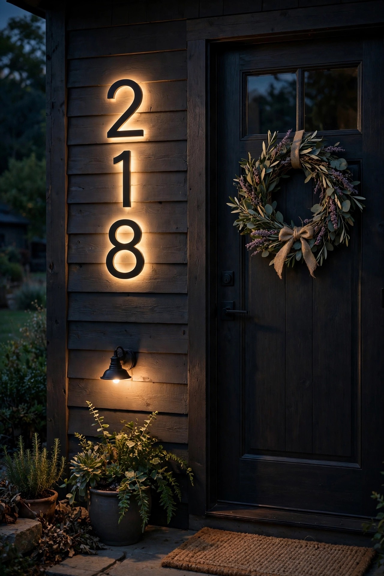 Backlit matte black house numbers glowing softly beside a farmhouse front door at night
