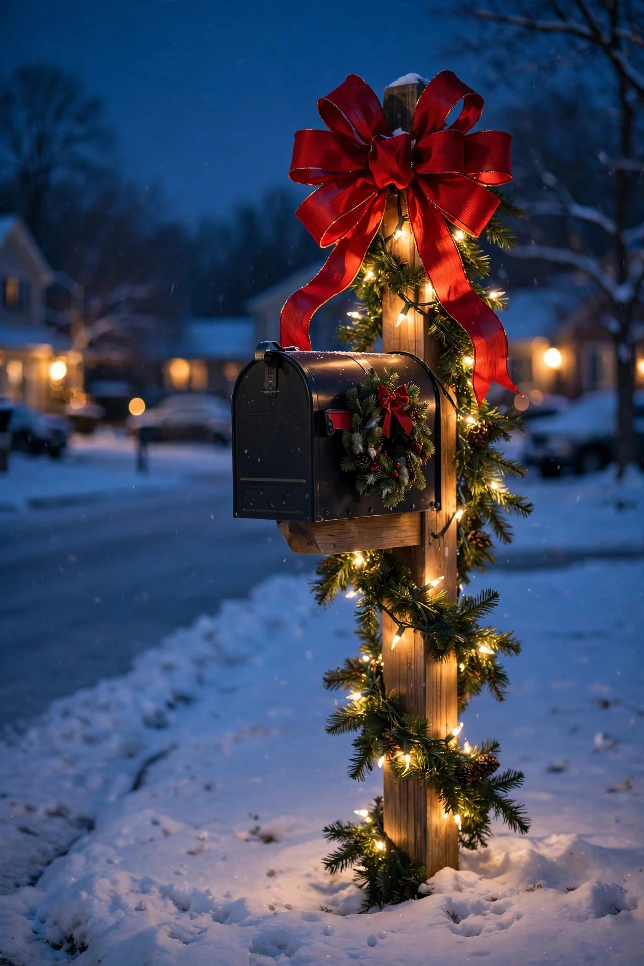Mailbox post wrapped in lit Christmas garland with a big red bow at night
