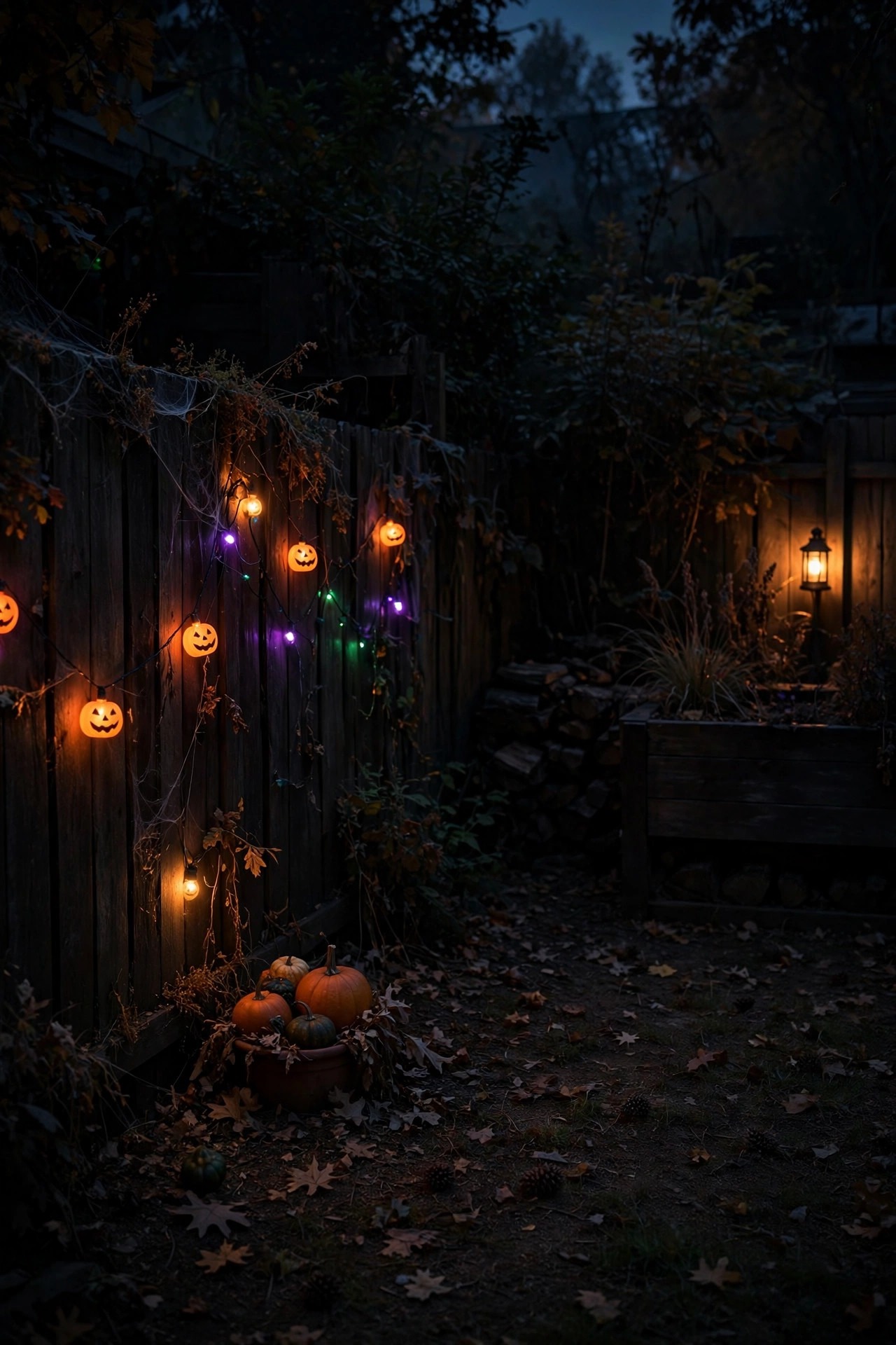 Mostly dark backyard with a few dim Halloween light accents and deep shadow