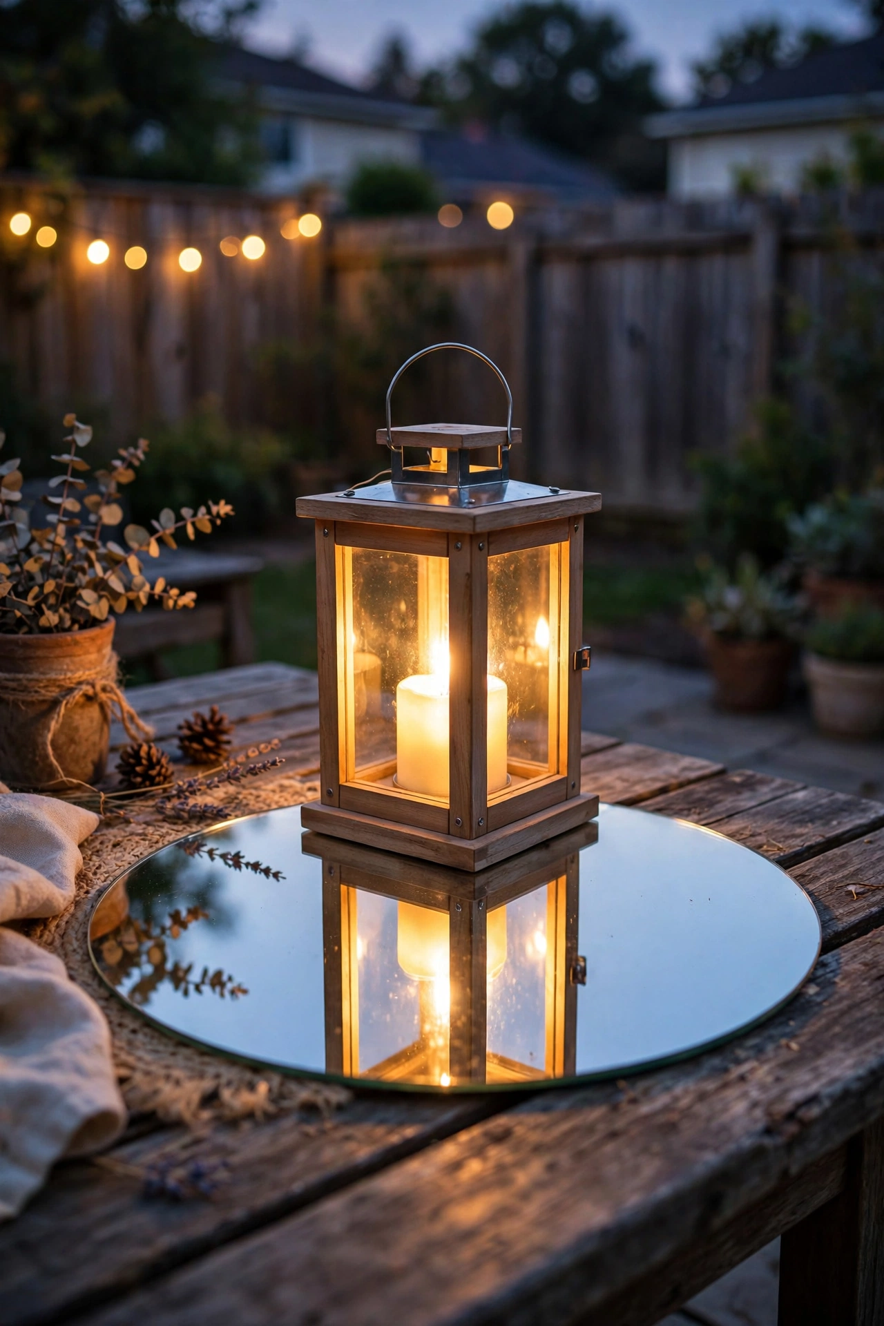 Lantern glowing on a round mirror tile doubling its light on a patio table