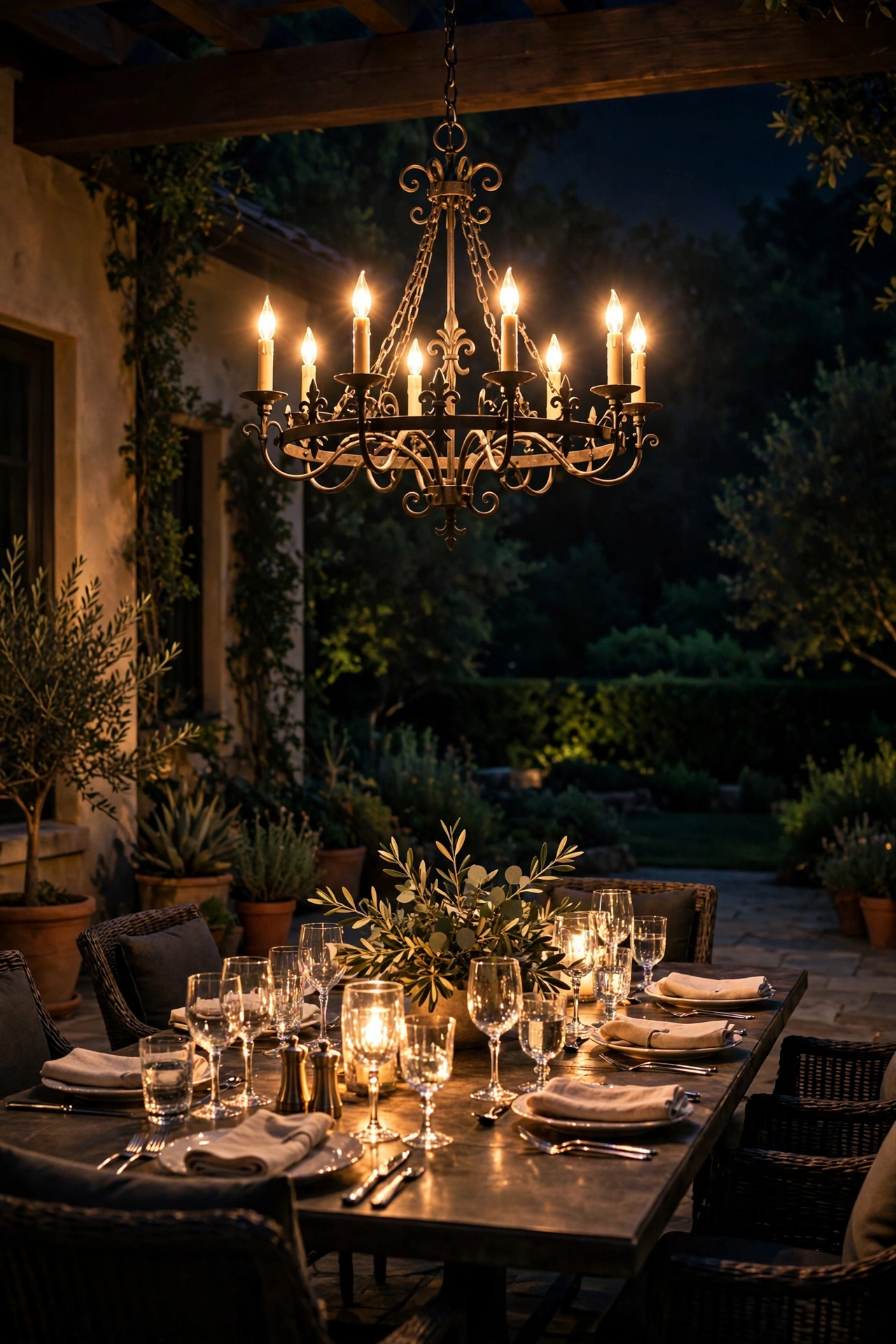 Candle-style outdoor chandelier glowing over a patio dining table at night