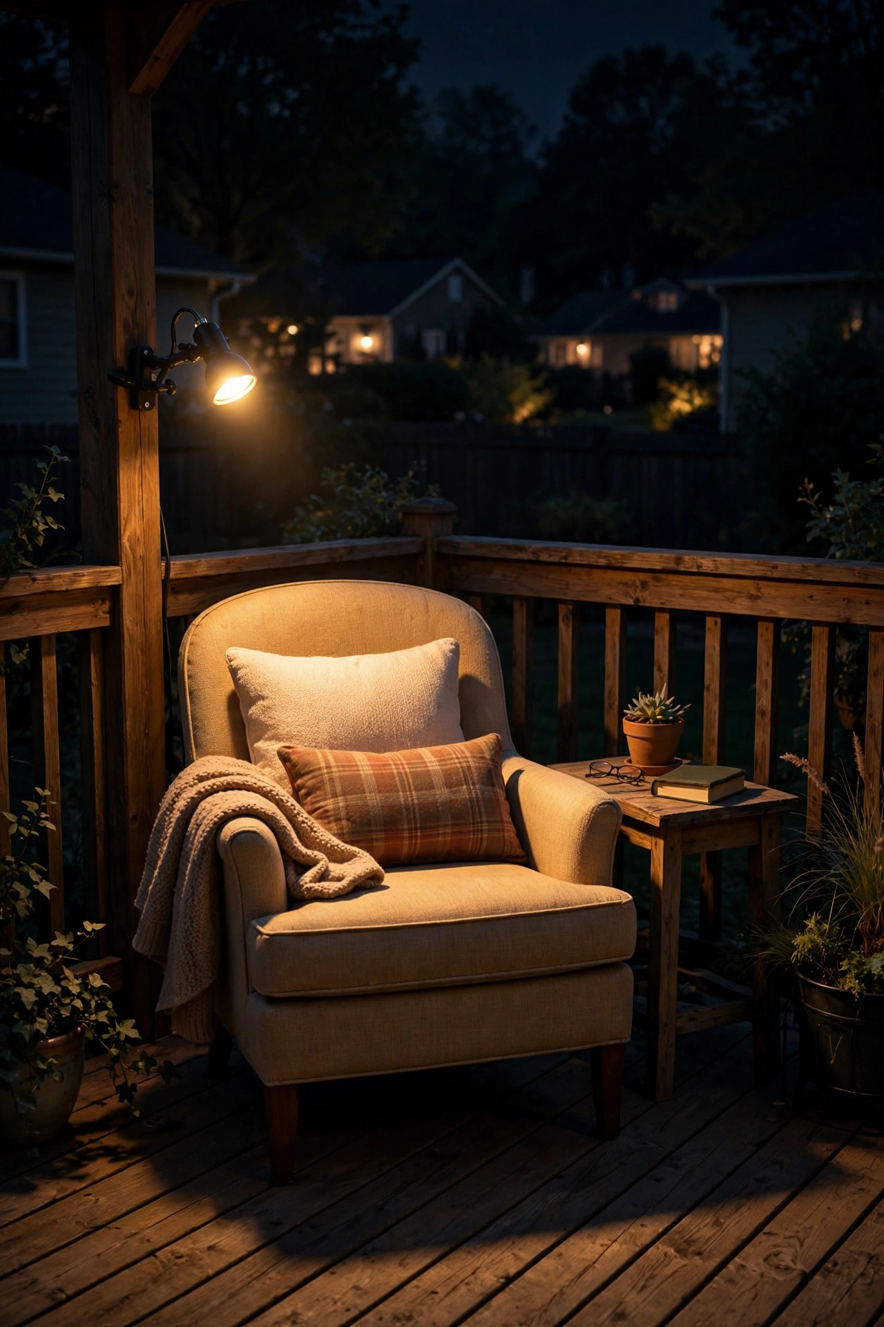 Cozy reading chair on a wooden deck at night lit by a small adjustable spotlight