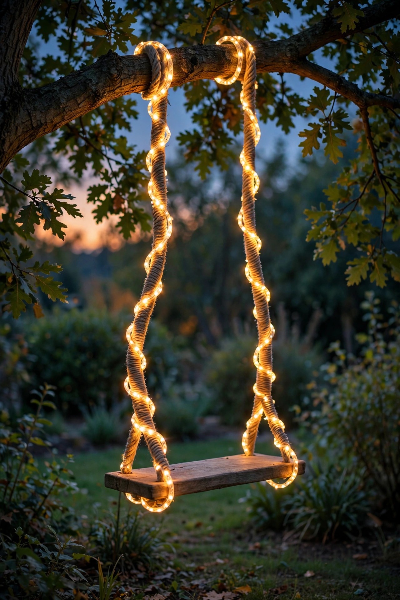 Tree swing ropes wrapped in warm glowing rope light swaying gently under a branch at dusk