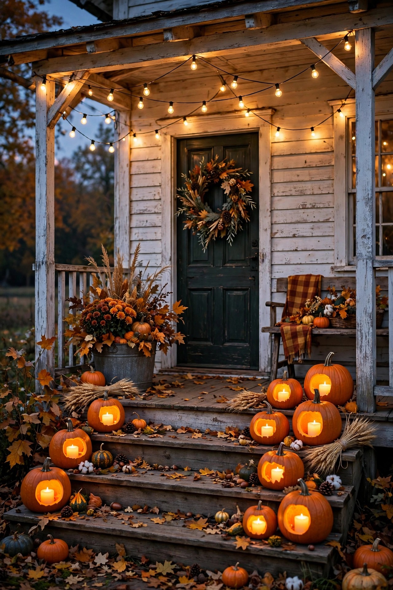 Farmhouse front porch with autumn accents, flameless candles in pumpkins on the steps, and warm string lights at dusk