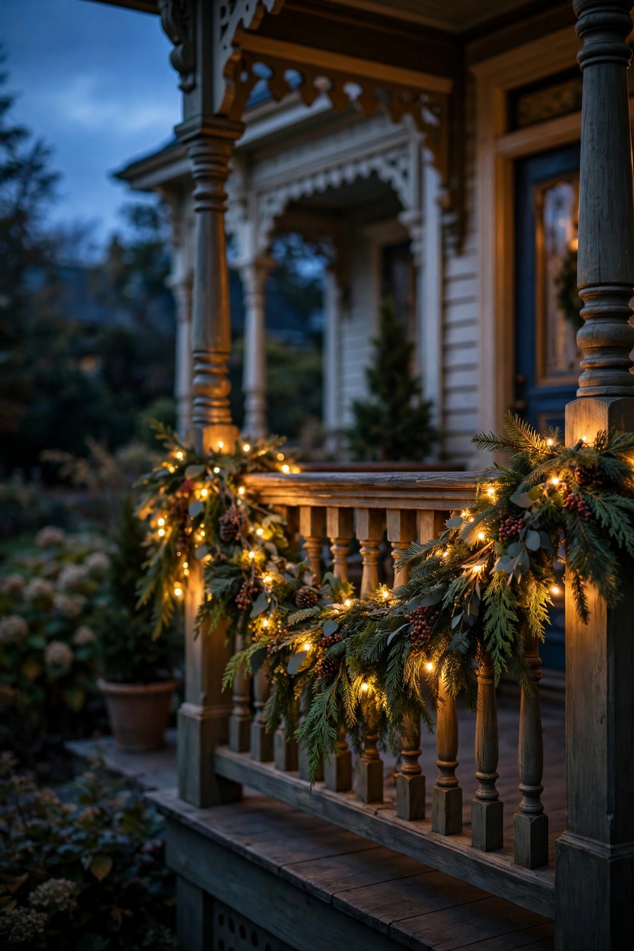 Victorian porch railing dressed with evergreen garland and warm fairy lights at dusk
