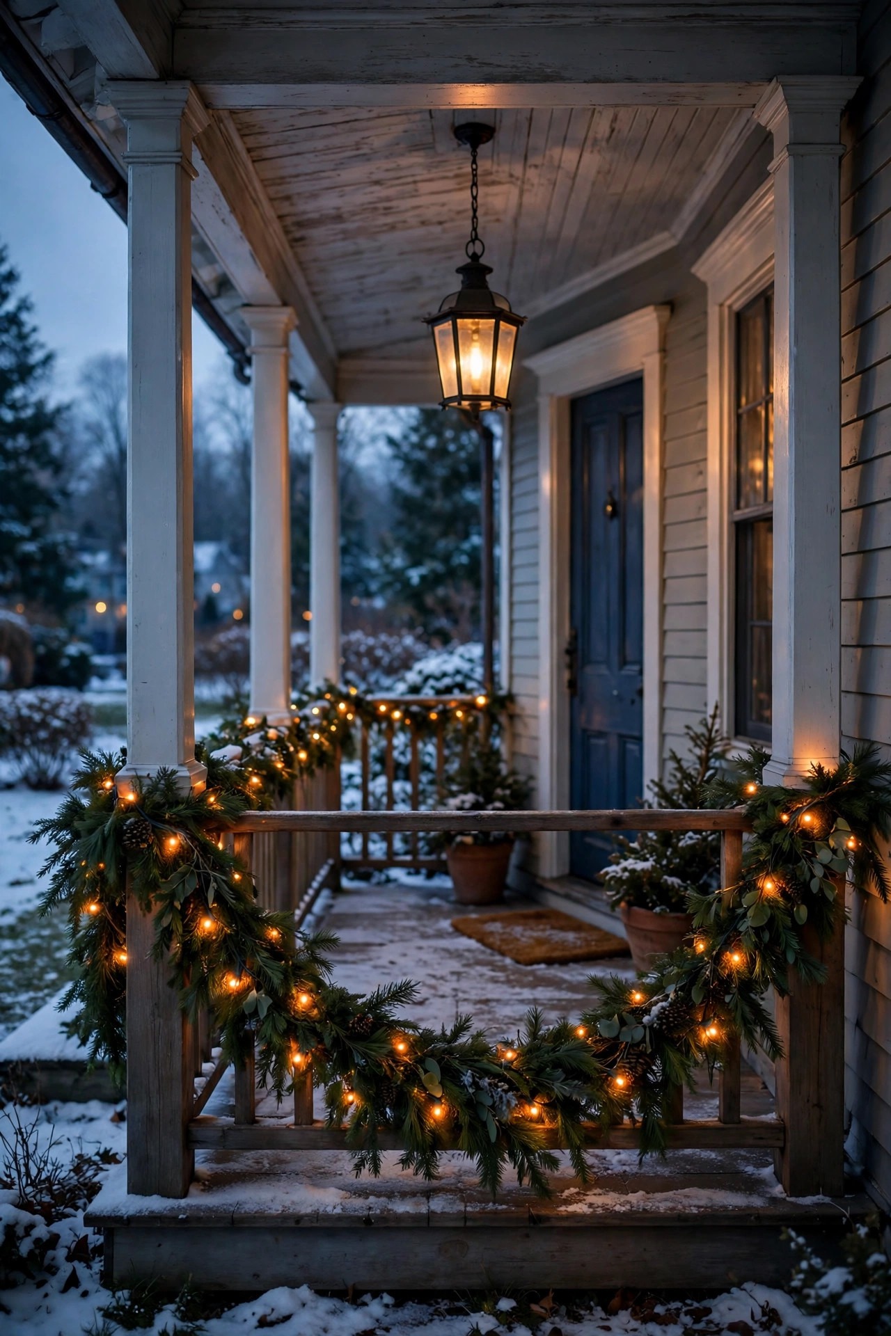 A traditional porch in winter with a green garland and warm fairy lights along the railing beneath a hanging lantern