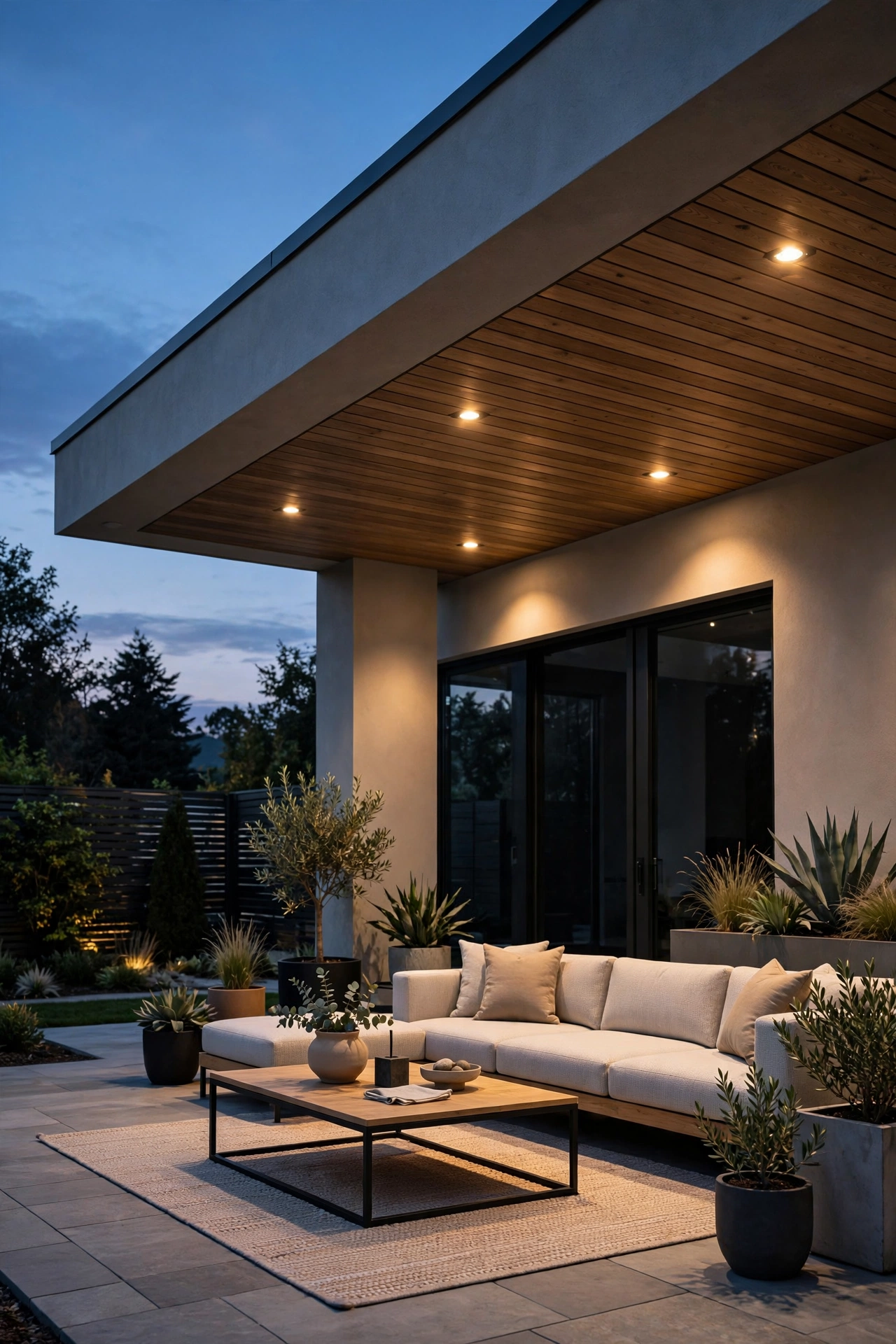 Smart tunable downlights on a modern patio shifting from warm to cool white light