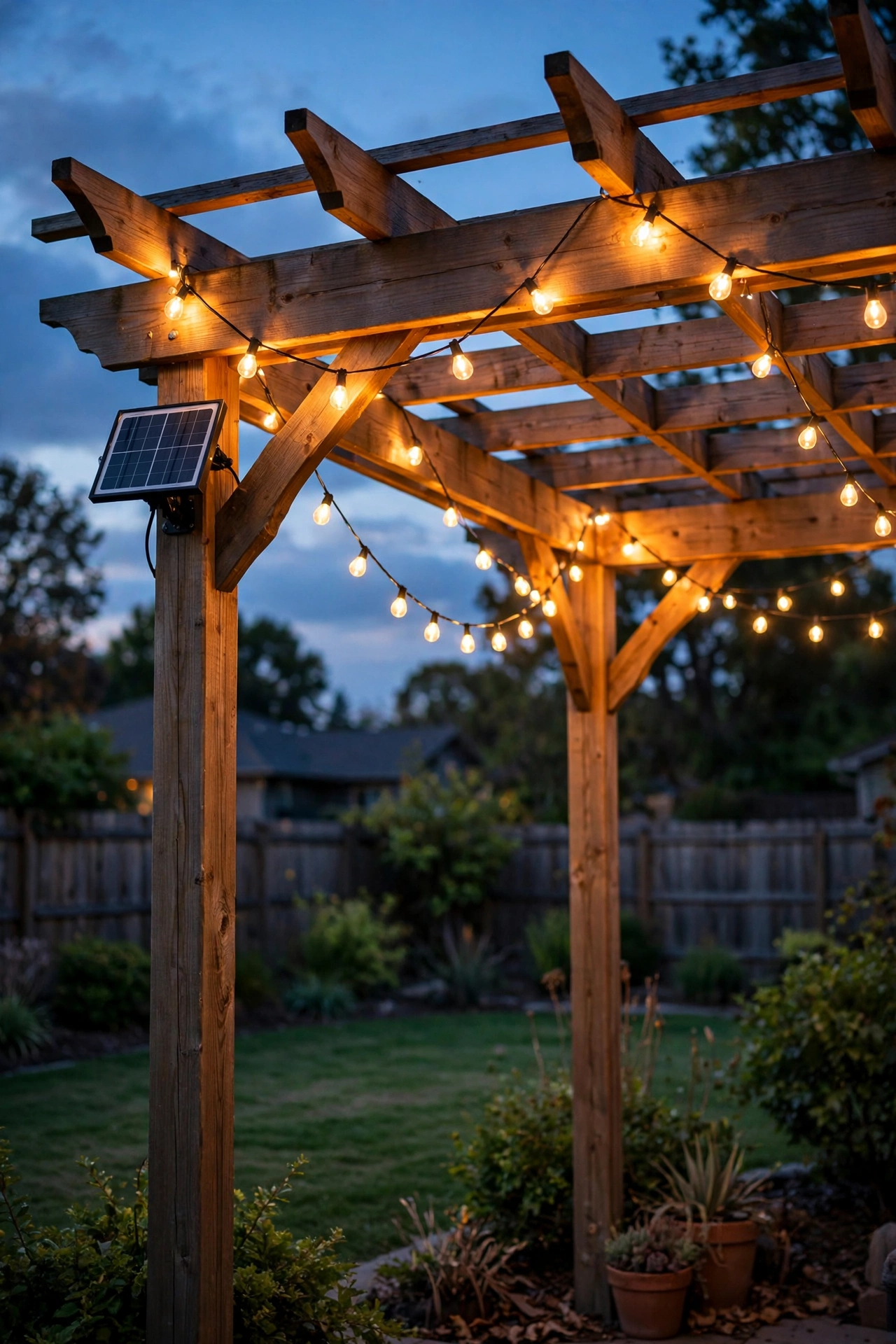 Solar-powered string lights draped across a pergola far from the house at dusk