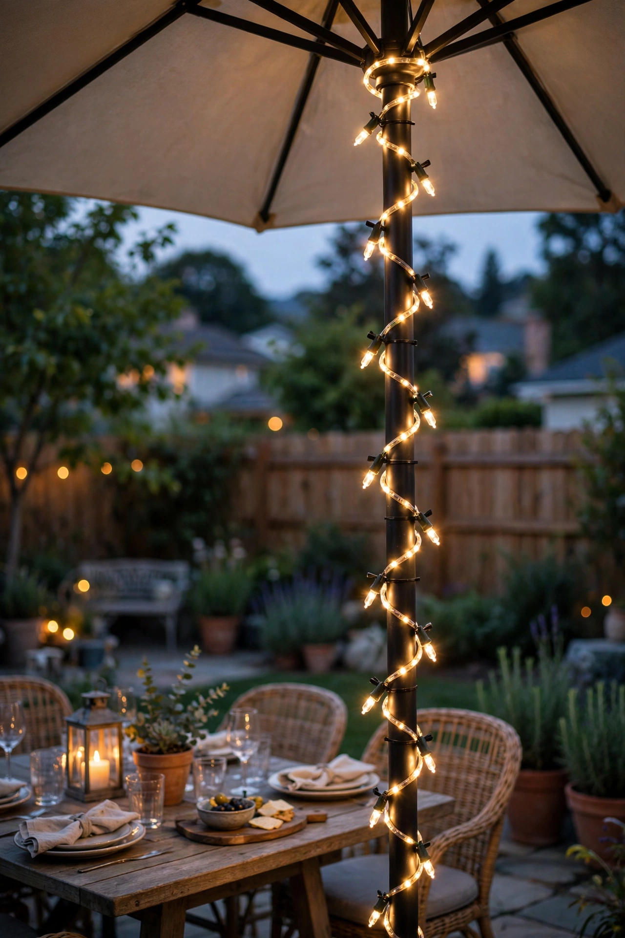 Clip-on umbrella pole light glowing over a patio table during an evening party