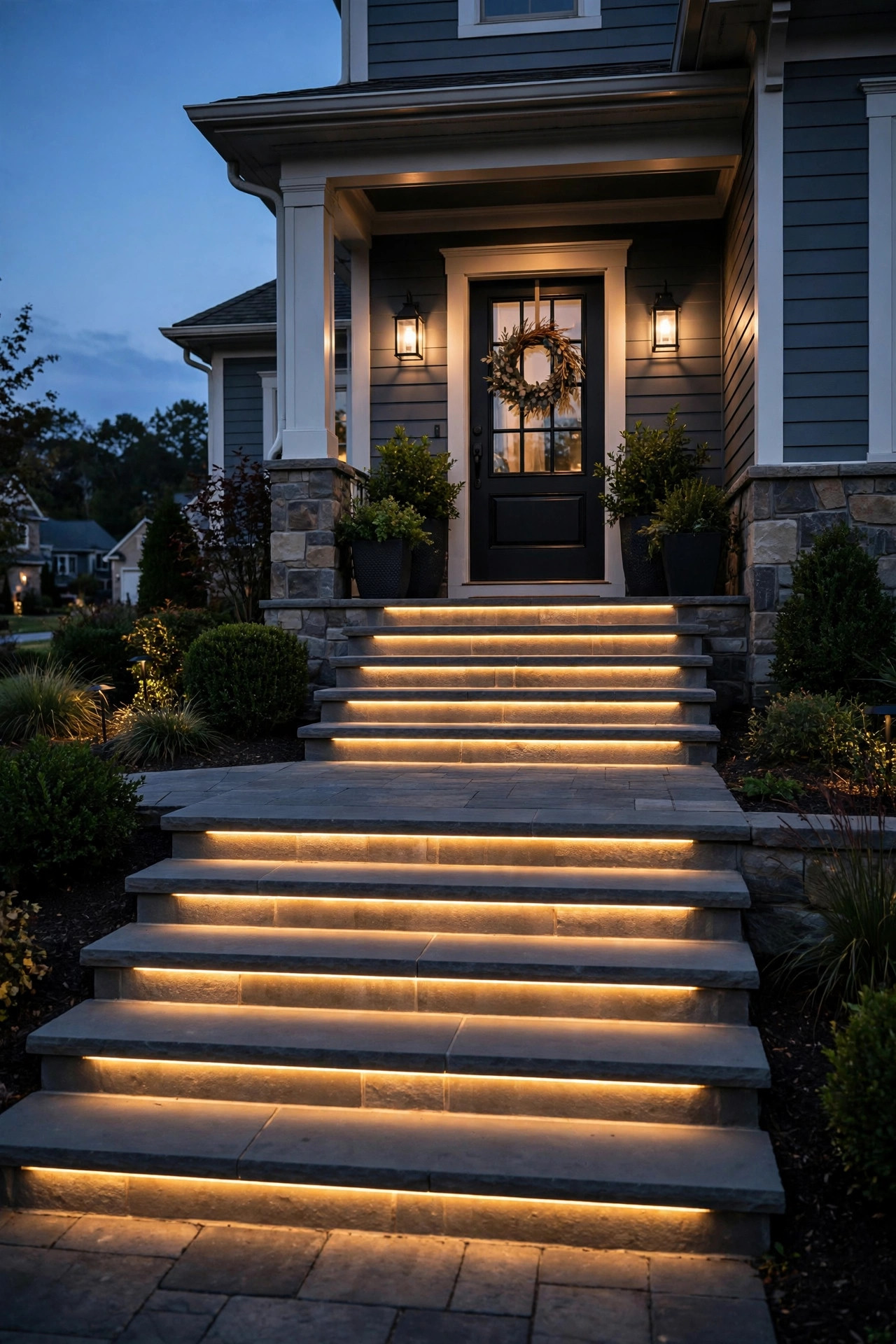 LED lights tucked under step nosings illuminating wide entry stairs