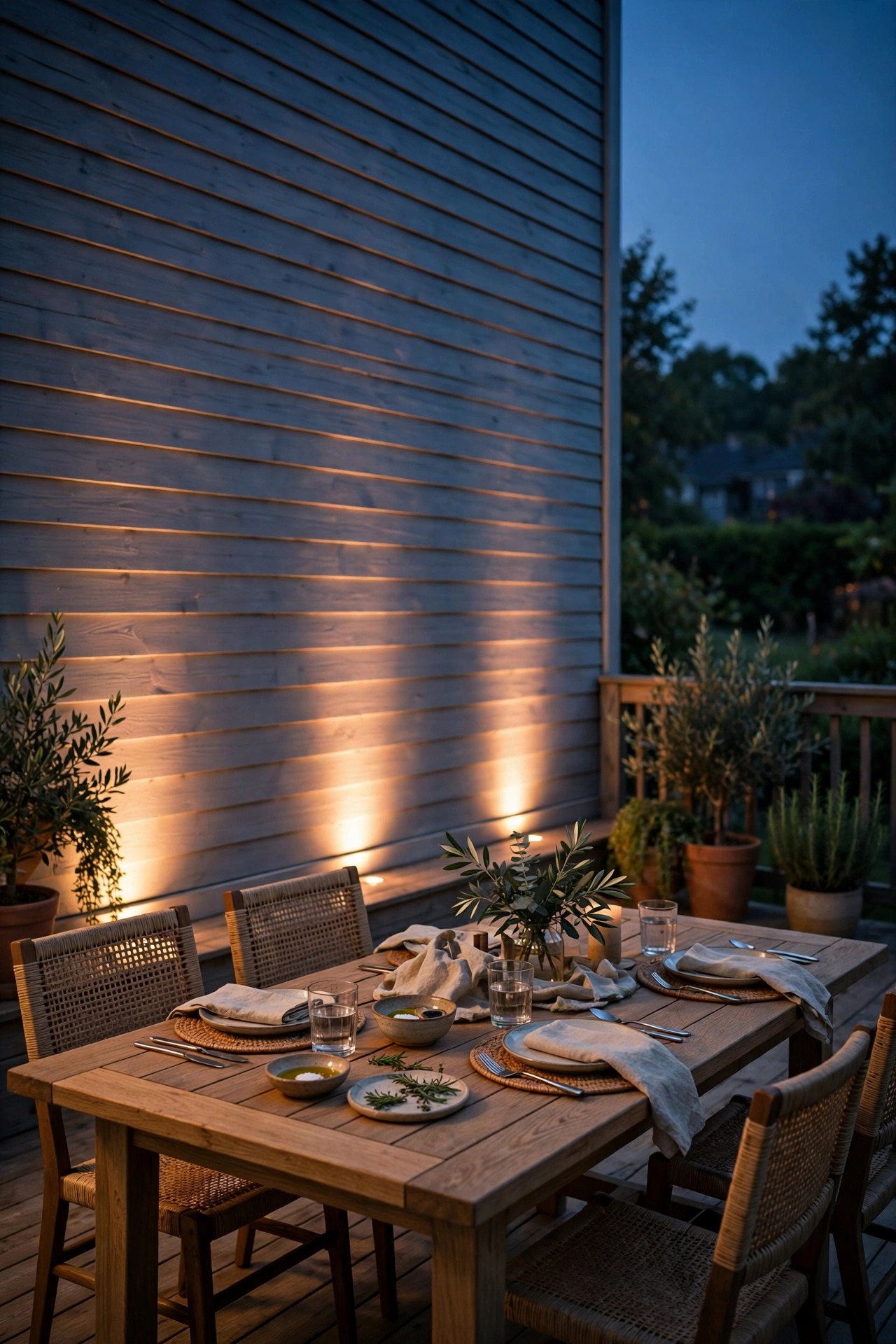 A soft uplight washing the siding wall behind an outdoor dining table on a deck at night