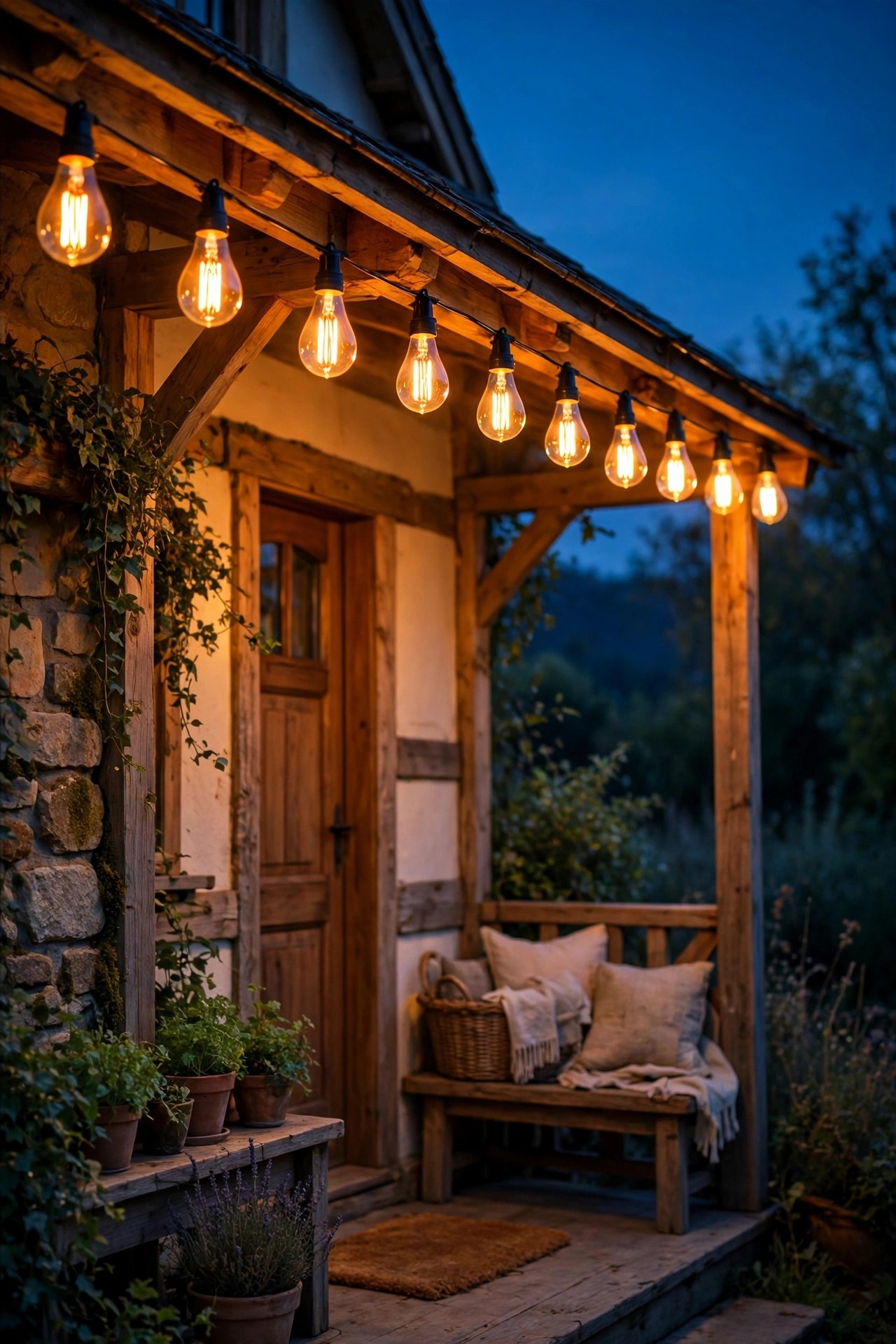 Row of warm 2700K filament bulbs glowing at matching color temperature on a cottage porch