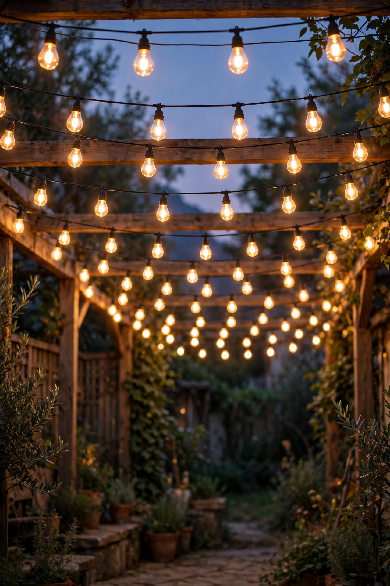 Rows of warm white 2700K bulbs and string lights glowing in matching golden tones at dusk