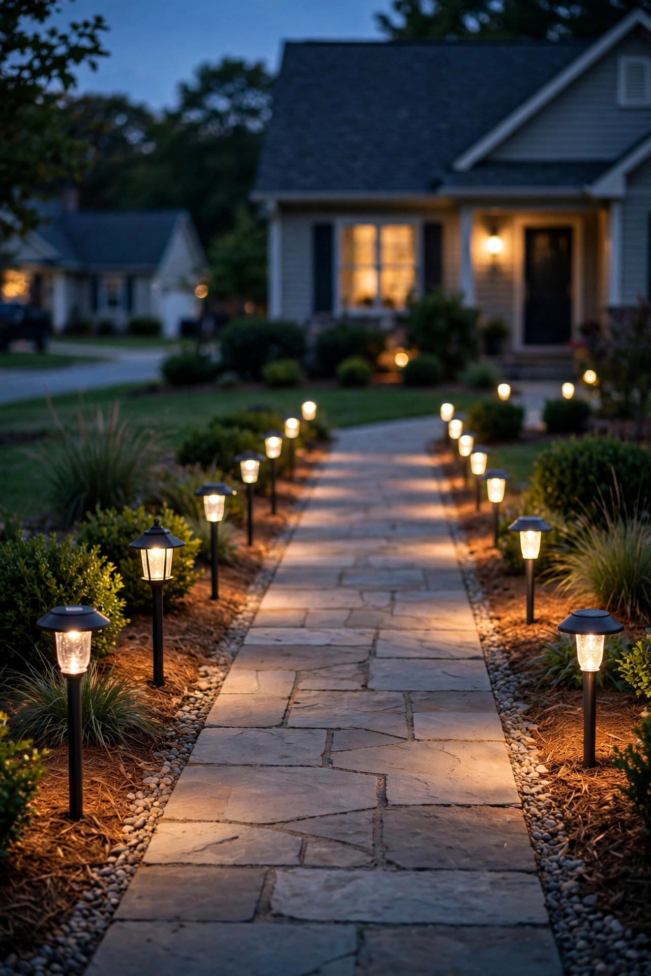 Refreshed walkway path lights with warm bulbs glowing after a budget makeover
