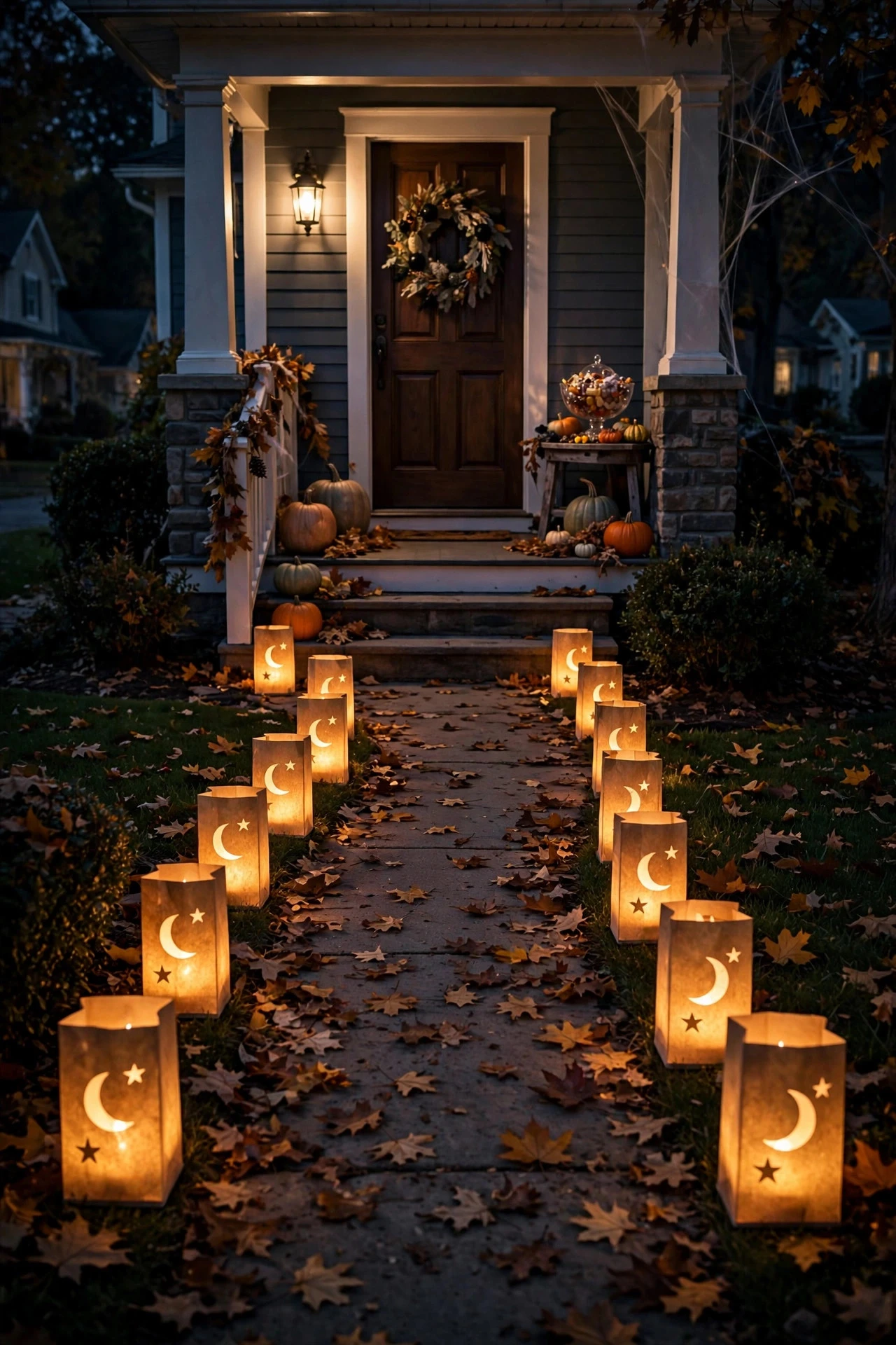 Glowing luminaries lining a walkway to a candy bowl on a Halloween porch at night