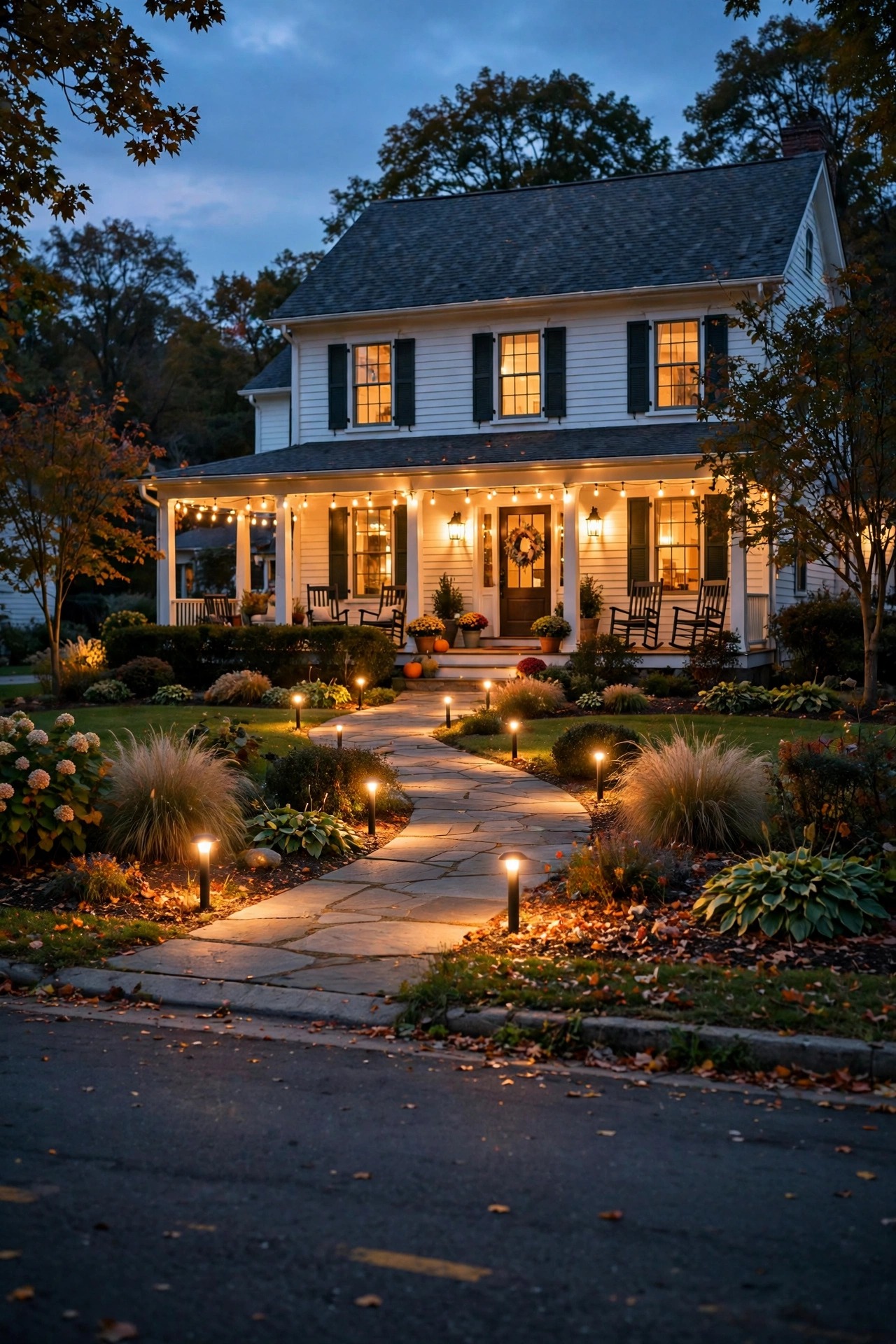 View from the street of a fully lit farmhouse front yard at dusk with layered warm lighting from walkway to porch