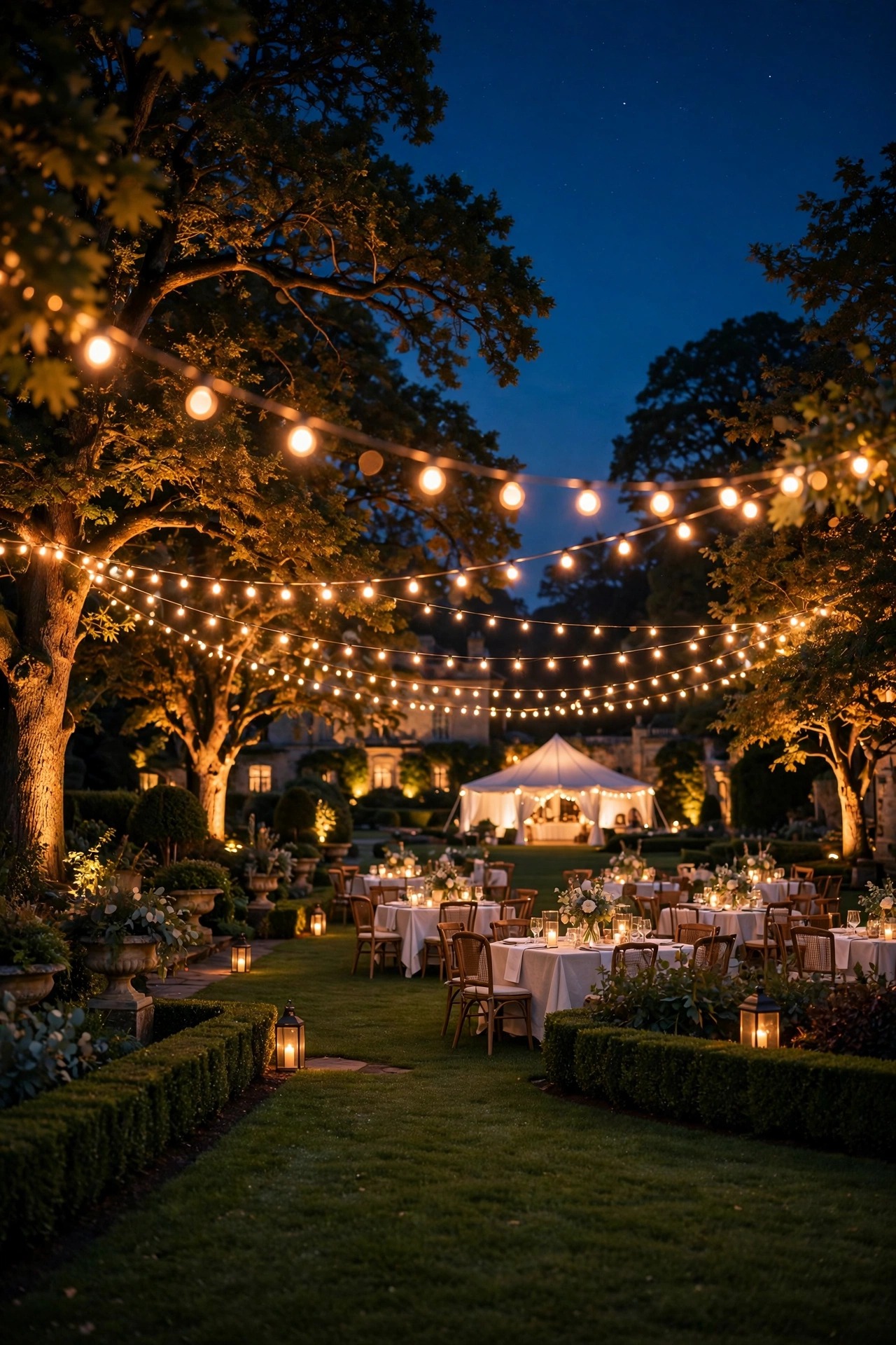 An elegant garden party setting on a luxury estate lawn at night, with warm uplights on trees, a glowing event tent, and festive layered lighting