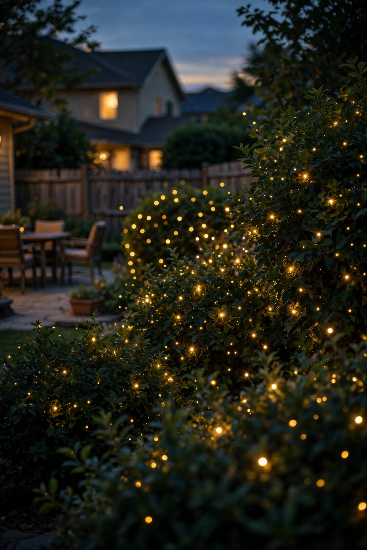 Fairy lights twinkling inside bushes like fireflies at a backyard evening party