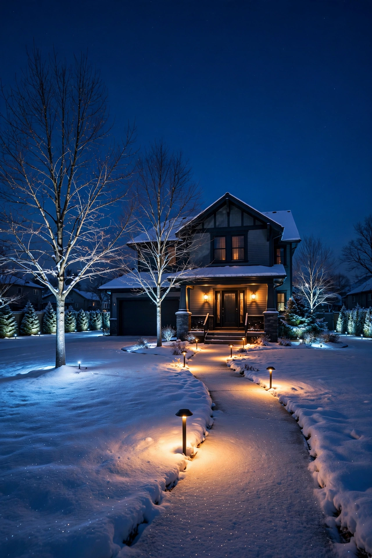 Full suburban yard at night with layered winter landscape lighting on trees, paths, and house