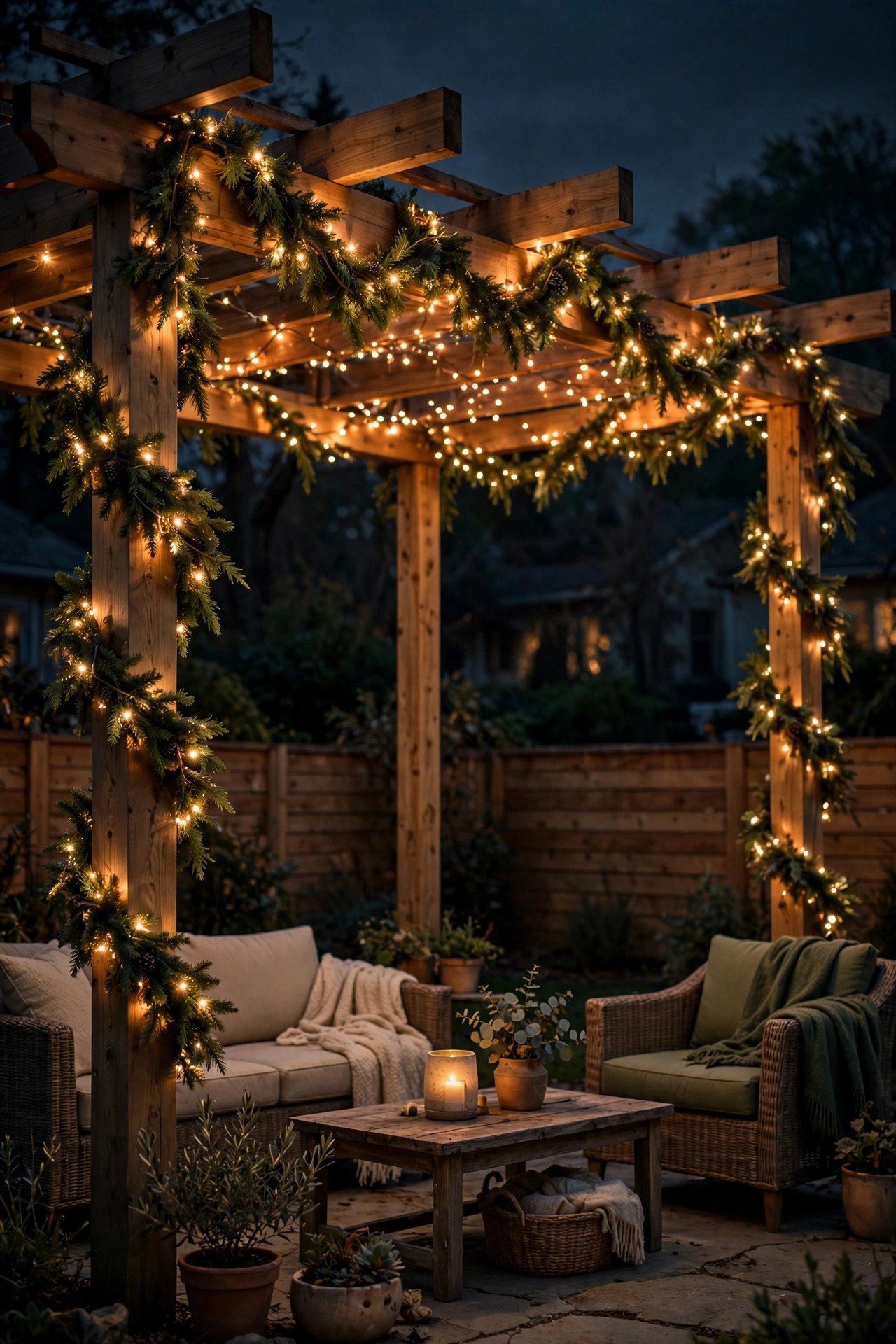Pergola posts and beam wrapped in pre-lit garland glowing over a patio seating area at night
