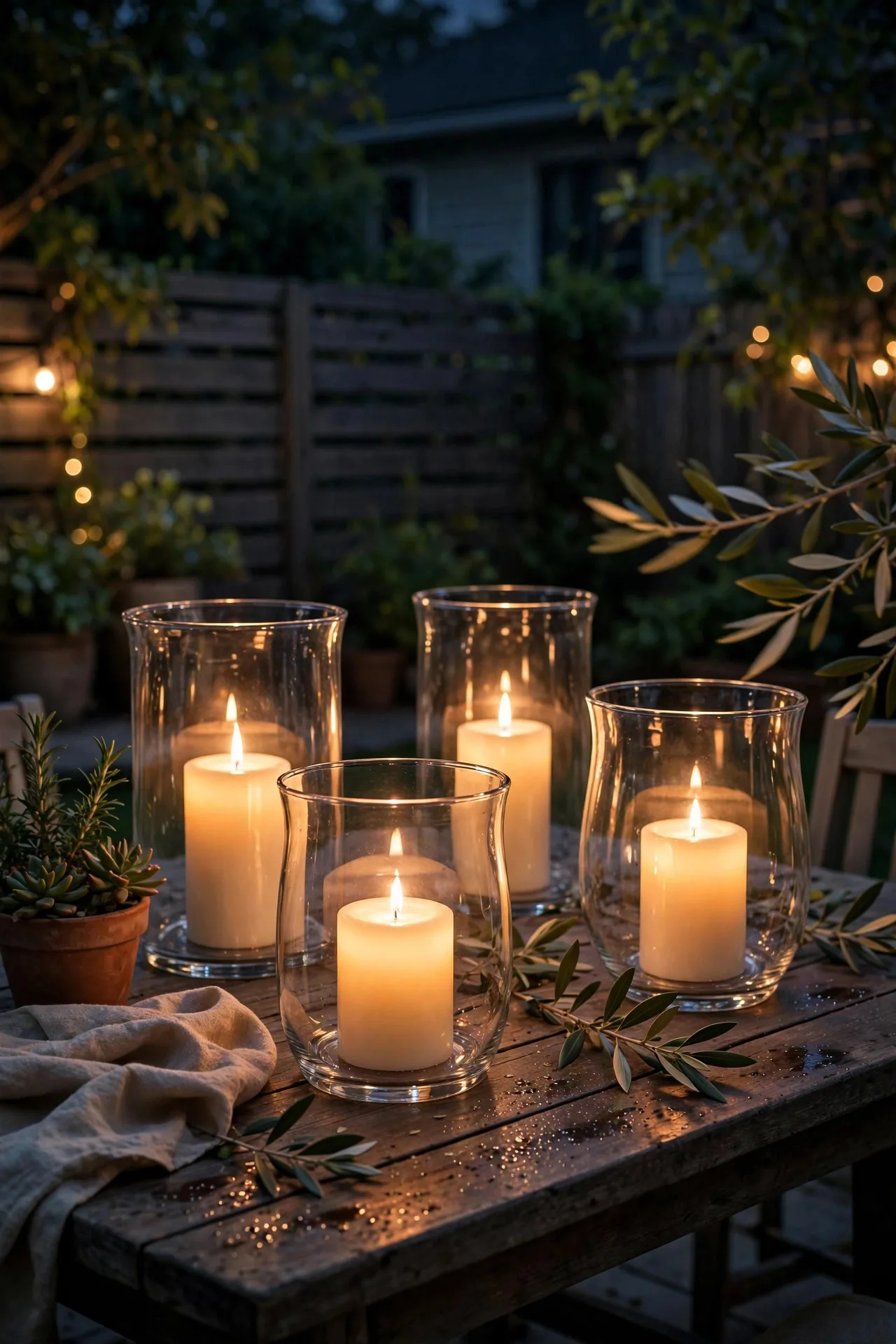Hurricane candle bowls glowing on a summer patio table on a breezy night