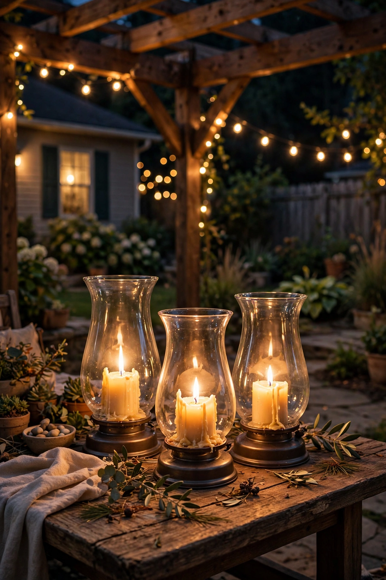 Hurricane glass lanterns with real candles glowing on a pergola table at night