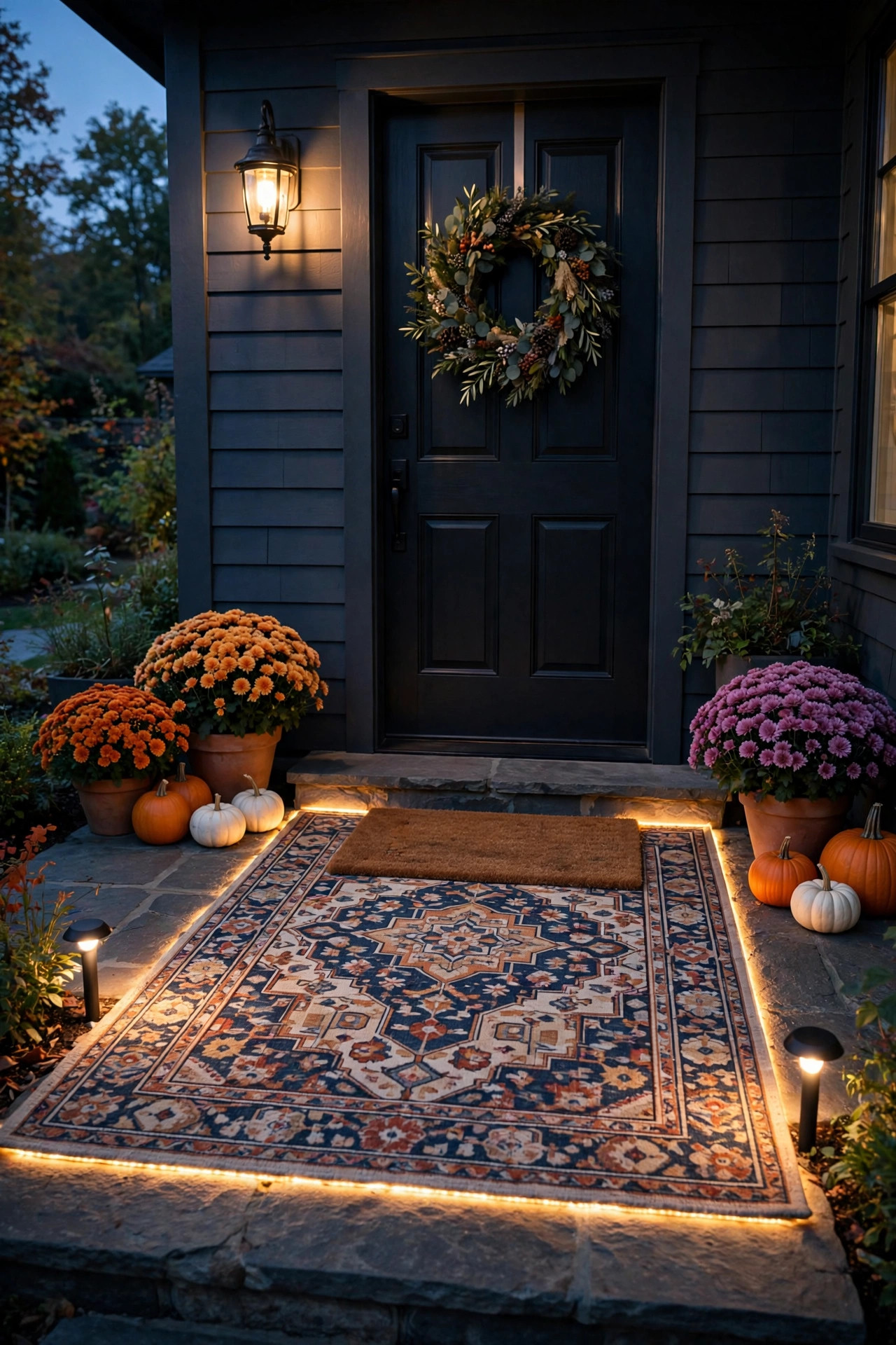 Accent lighting glowing around a layered doormat at a front door