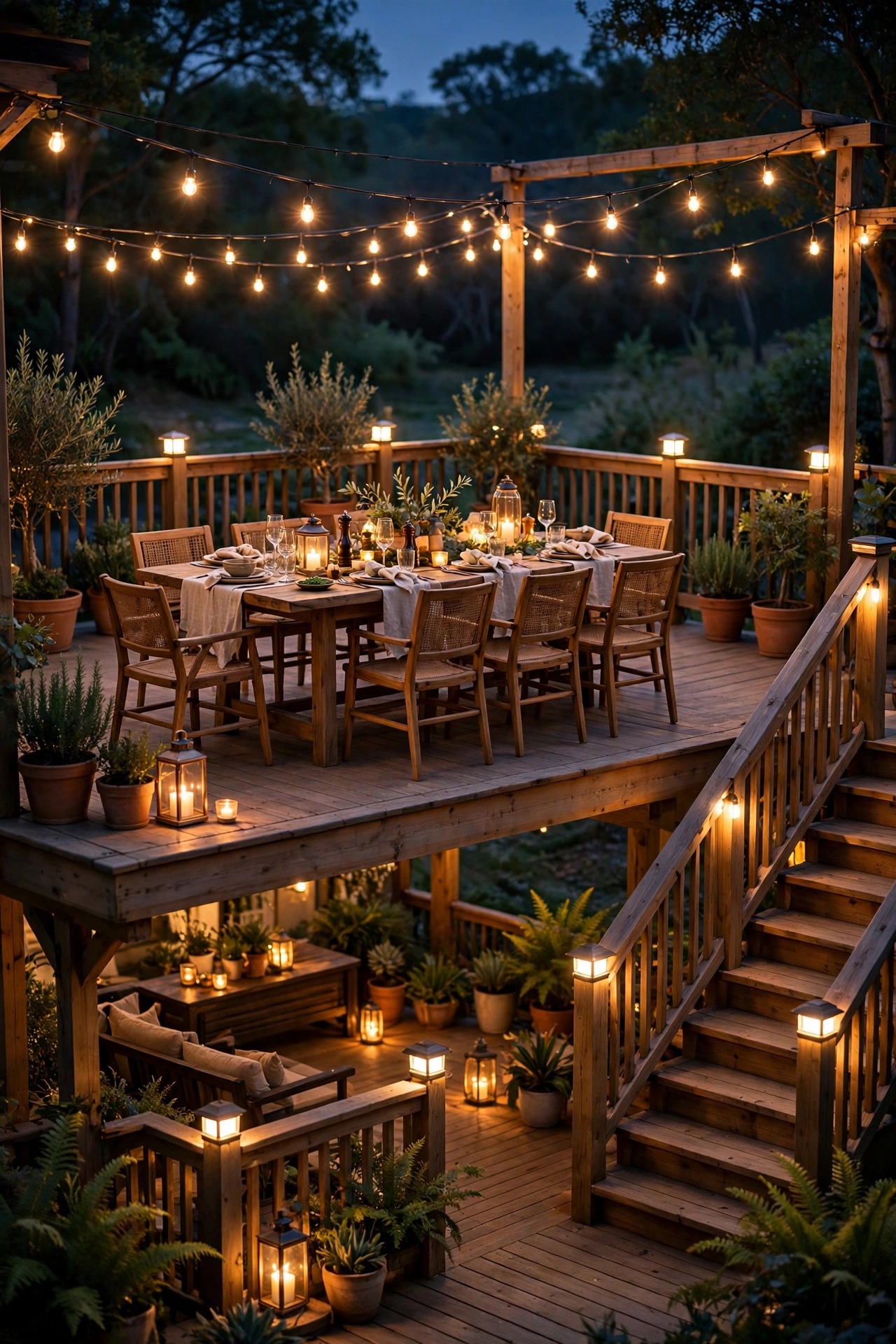 A fully layered deck dining scene at night with overhead string lights, glowing table lanterns, and soft perimeter post cap lights