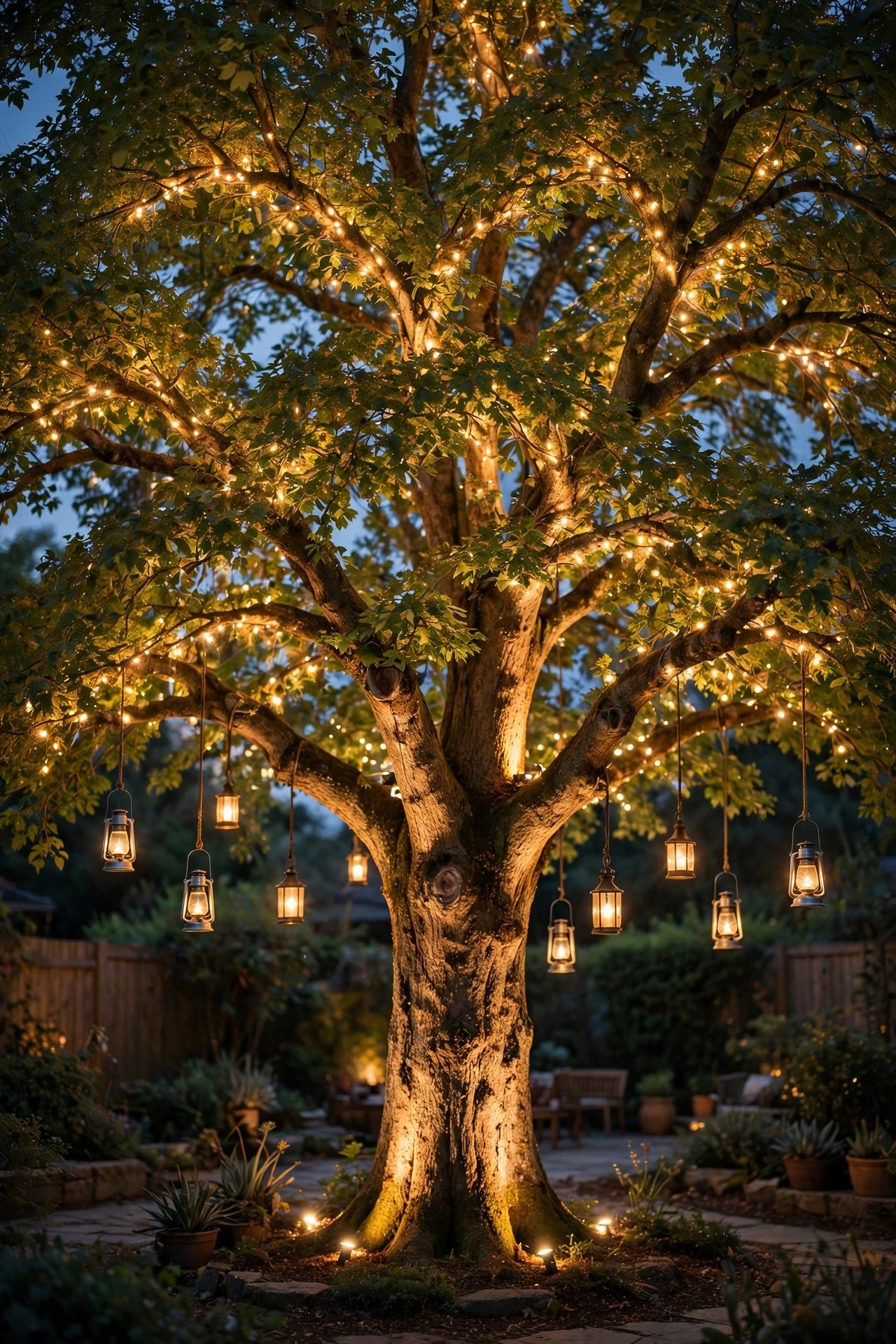 Fully layered tree lighting with trunk uplights, glowing canopy and hanging lanterns combined on one hero backyard tree