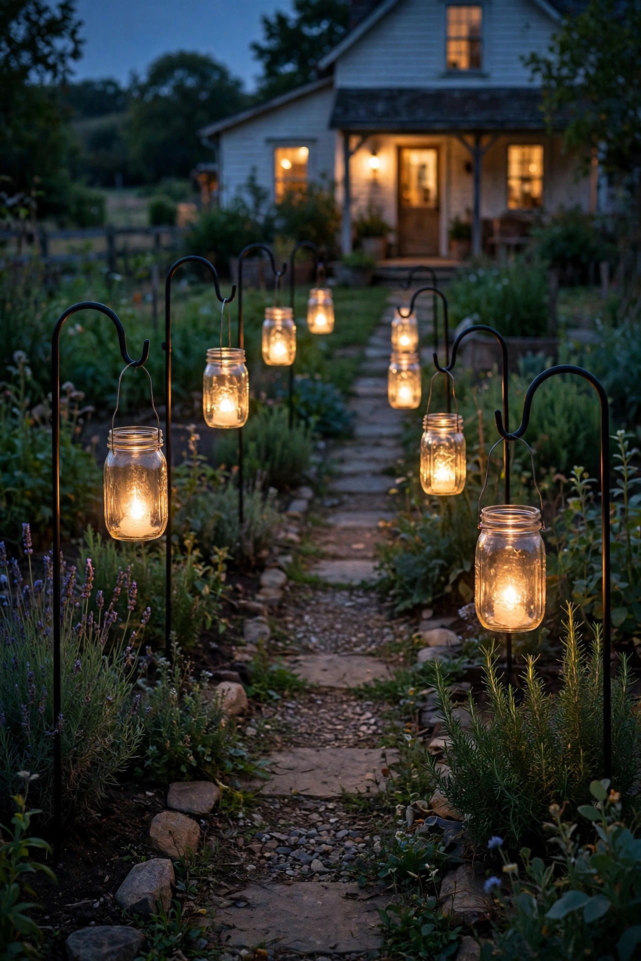 Mason jar lanterns glowing on black shepherd hooks along a farmhouse garden path at dusk