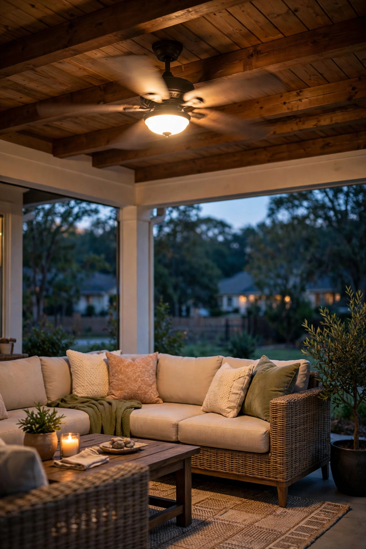 Outdoor ceiling fan with warm light kit spinning above a covered patio seating area