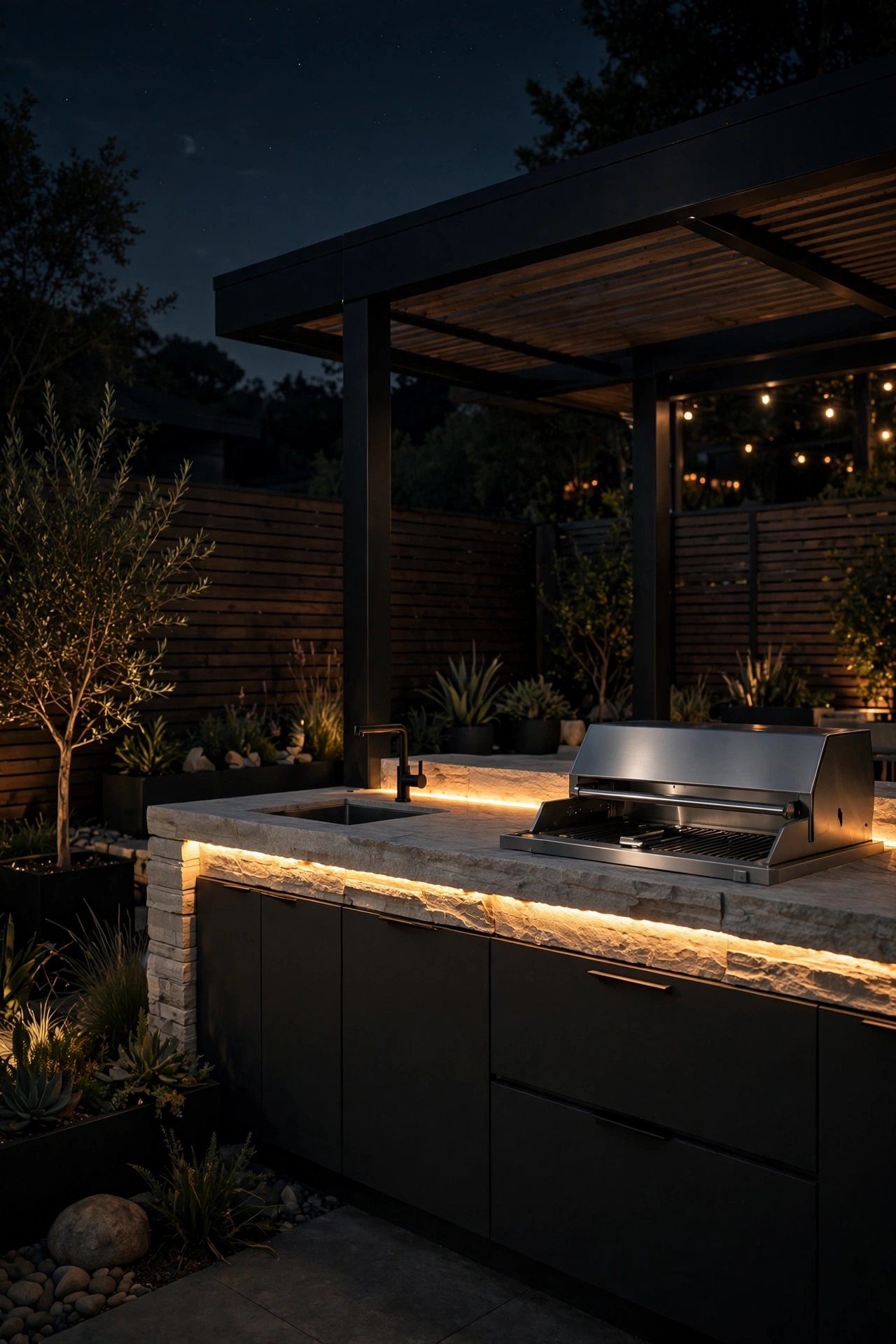 Under-counter LED glow making a modern outdoor kitchen appear to float at night
