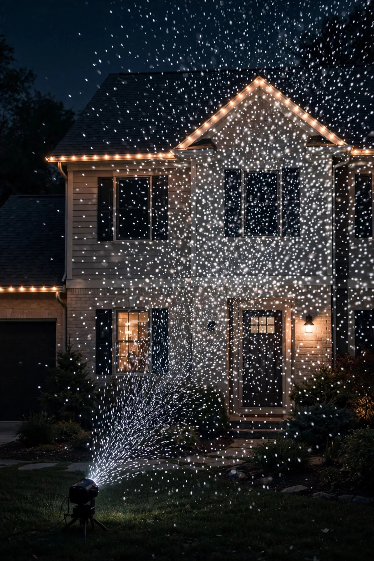 Snowfall motion projector casting drifting white dots across a house facade at night