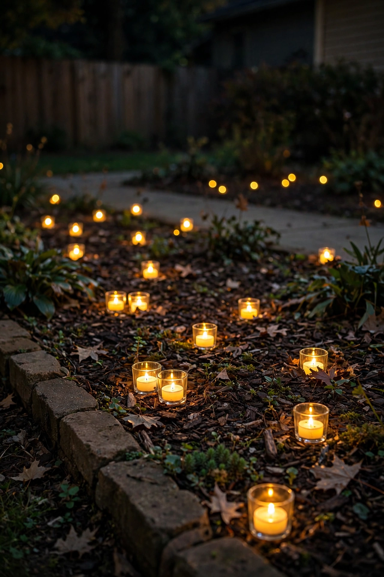 Battery tea lights in glass holders scattered along a garden bed edge like fireflies
