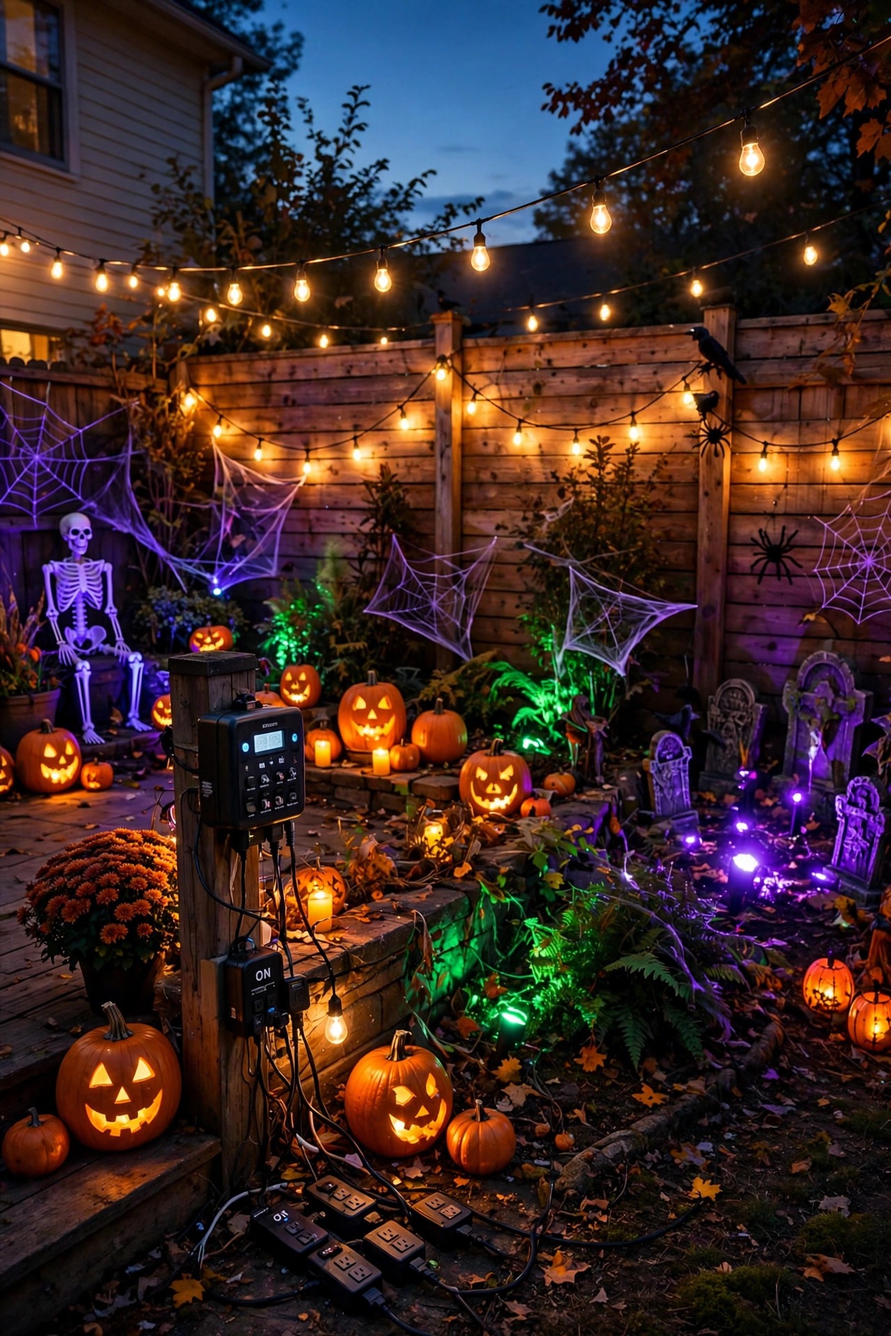 Full backyard Halloween lighting display glowing at dusk all running on timers
