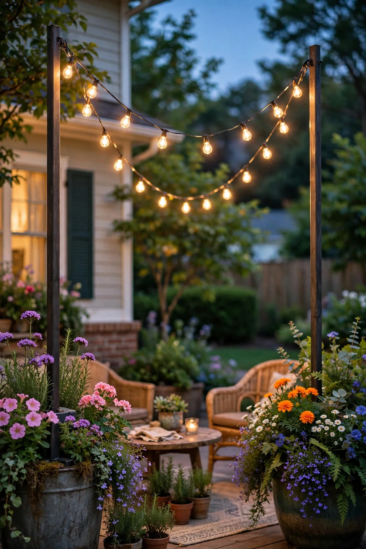 Bistro string lights on freestanding poles over a summer patio at dusk