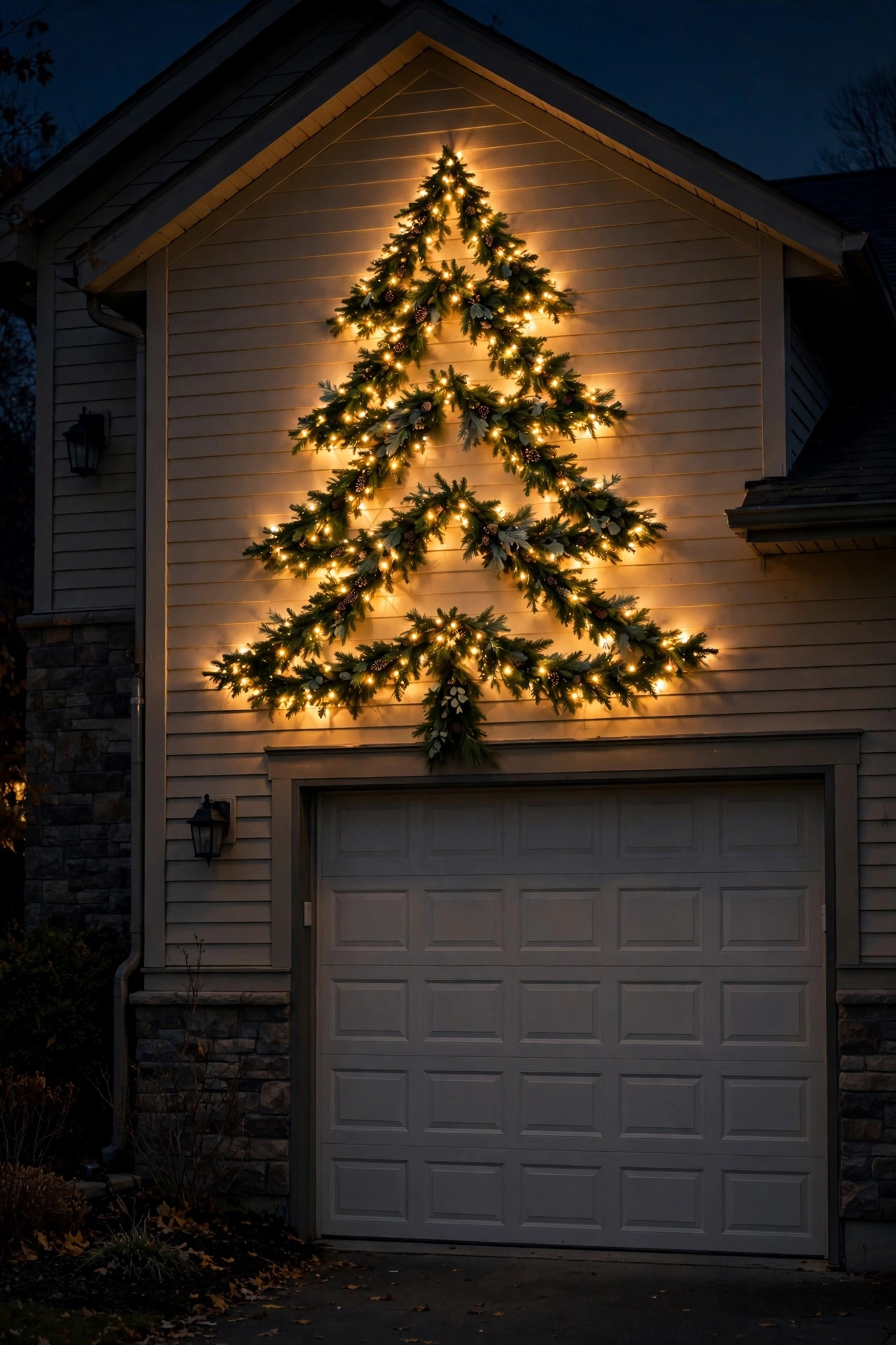 Pre-lit garland arranged in a Christmas tree shape on a garage wall glowing at night